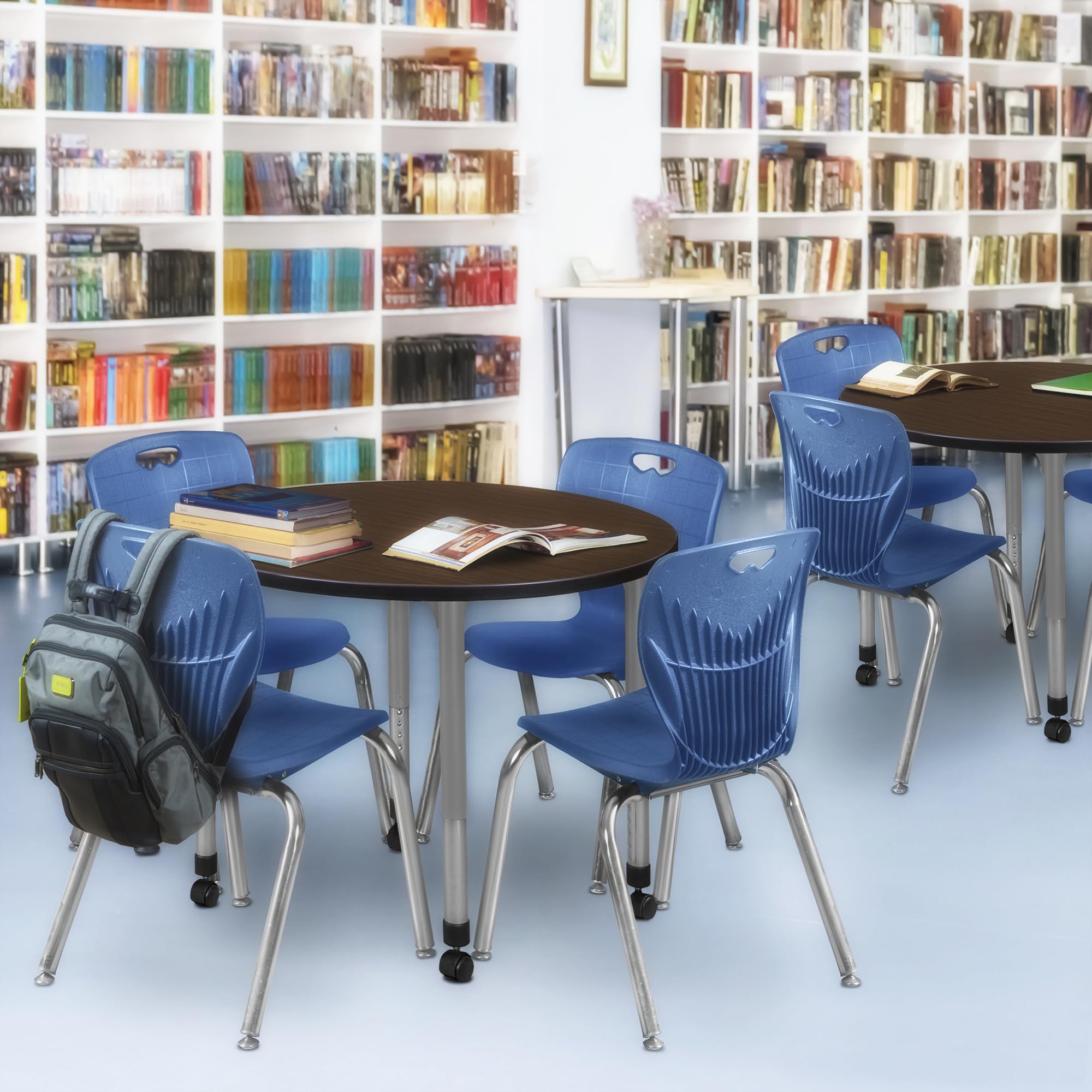 Regency Kee 42 in. Round Mobile Adjustable Classroom Table- Neo Walnut Top, Grey Base & 4 Andy 18 in. Blue Stack Chairs