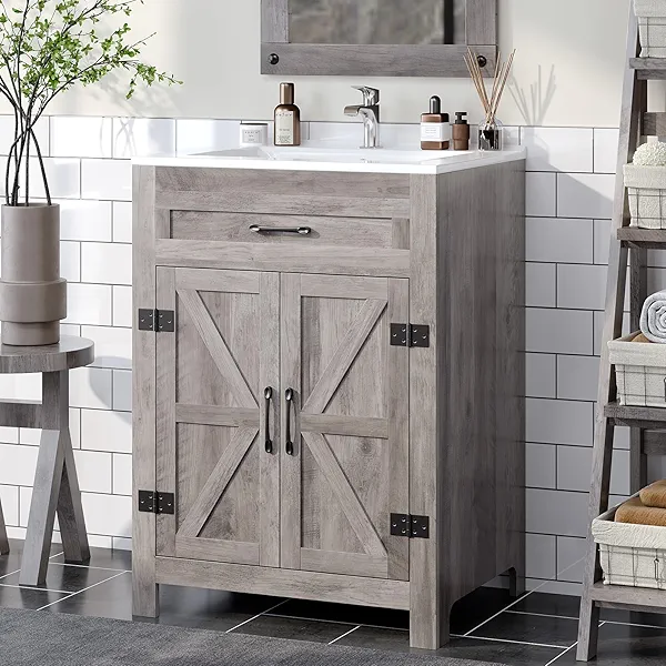 VINGLI Farmhouse Bathroom Vanity with Ceramic Sink, Bathroom Vanity Cabinet w/Barn Door&Faux Drawer, 24 Inch Bathroom Sink Cabinet Combo, Rustic Floor Storage Cupboard,Grey Wash