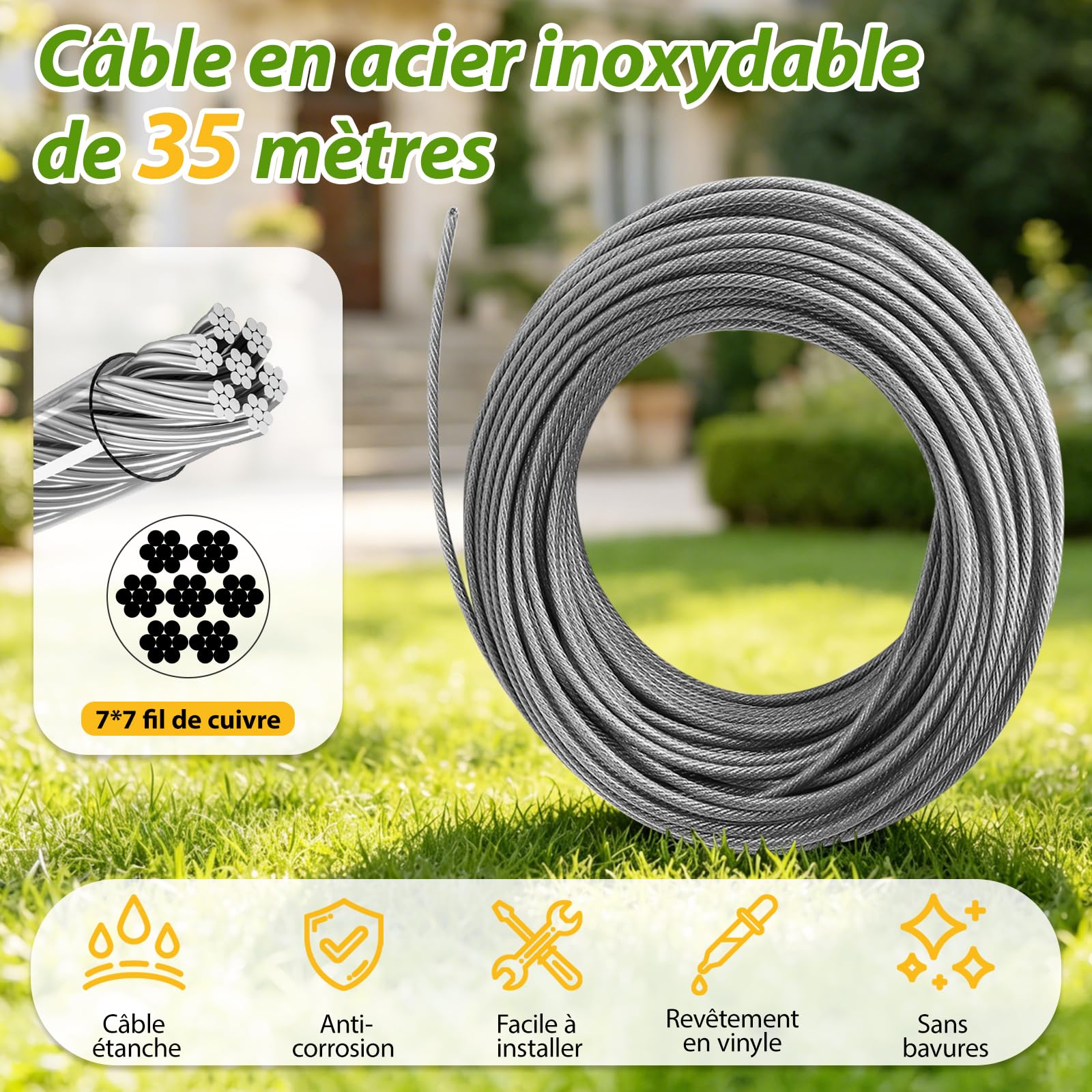 ovsor Kit Câble Acier Inoxydable 2 mm x 35 m 65 Pièces | Câble inox 304 résistant avec tendeur, idéal pour plantes grimpantes, corde à linge, tentes et suspensions de luminaires.