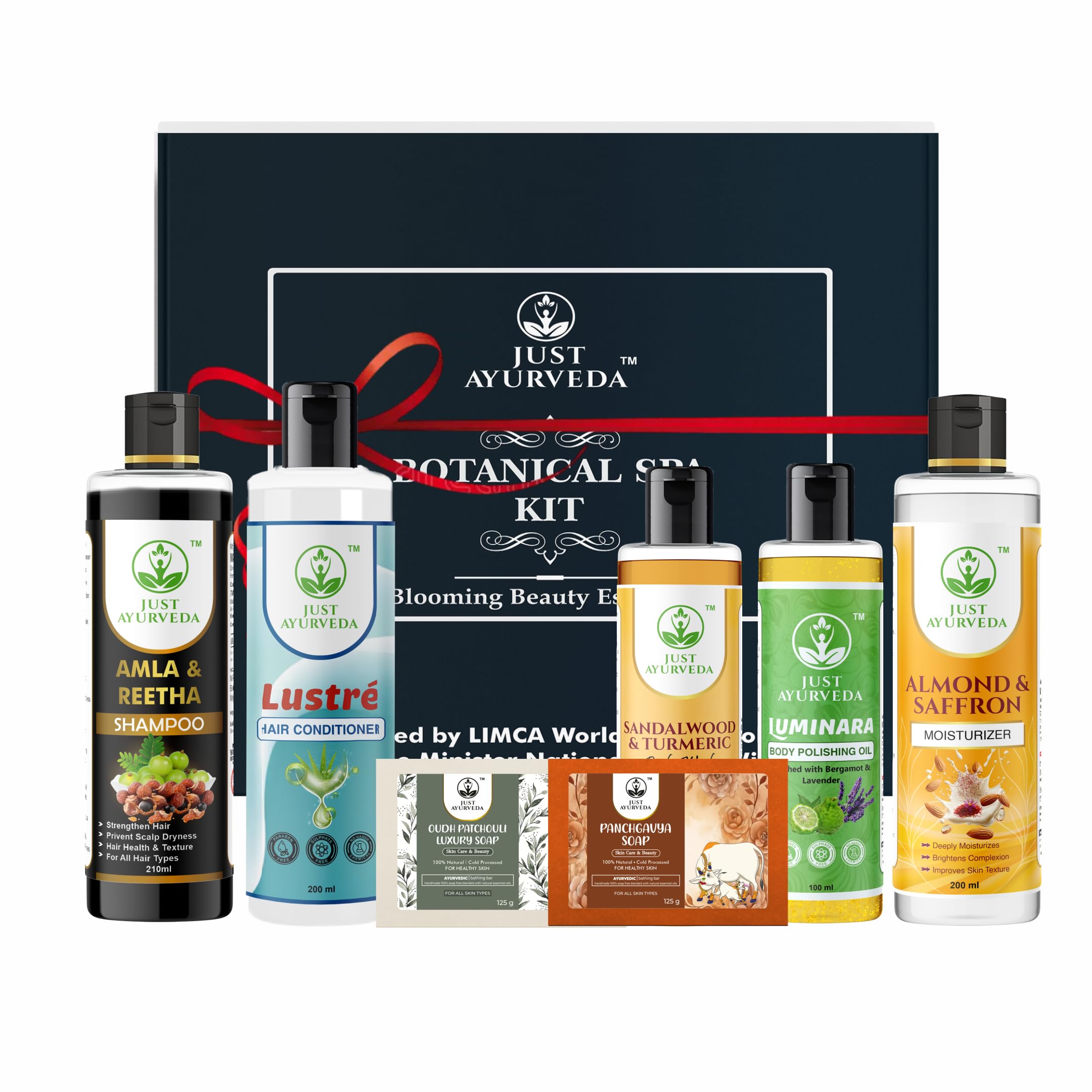 Just Ayurveda Botanical Spa Kit | Luxury Herbal Skincare & Haircare Gift Hamper | Shampoo, Conditioner, Moisturizer, Body Oil & Soaps | Natural Ayurvedic Bath & Body Gift Set for Diwali, Karwa Chauth, Birthday & Anniversary | Pack of 7, 935ml-image-18