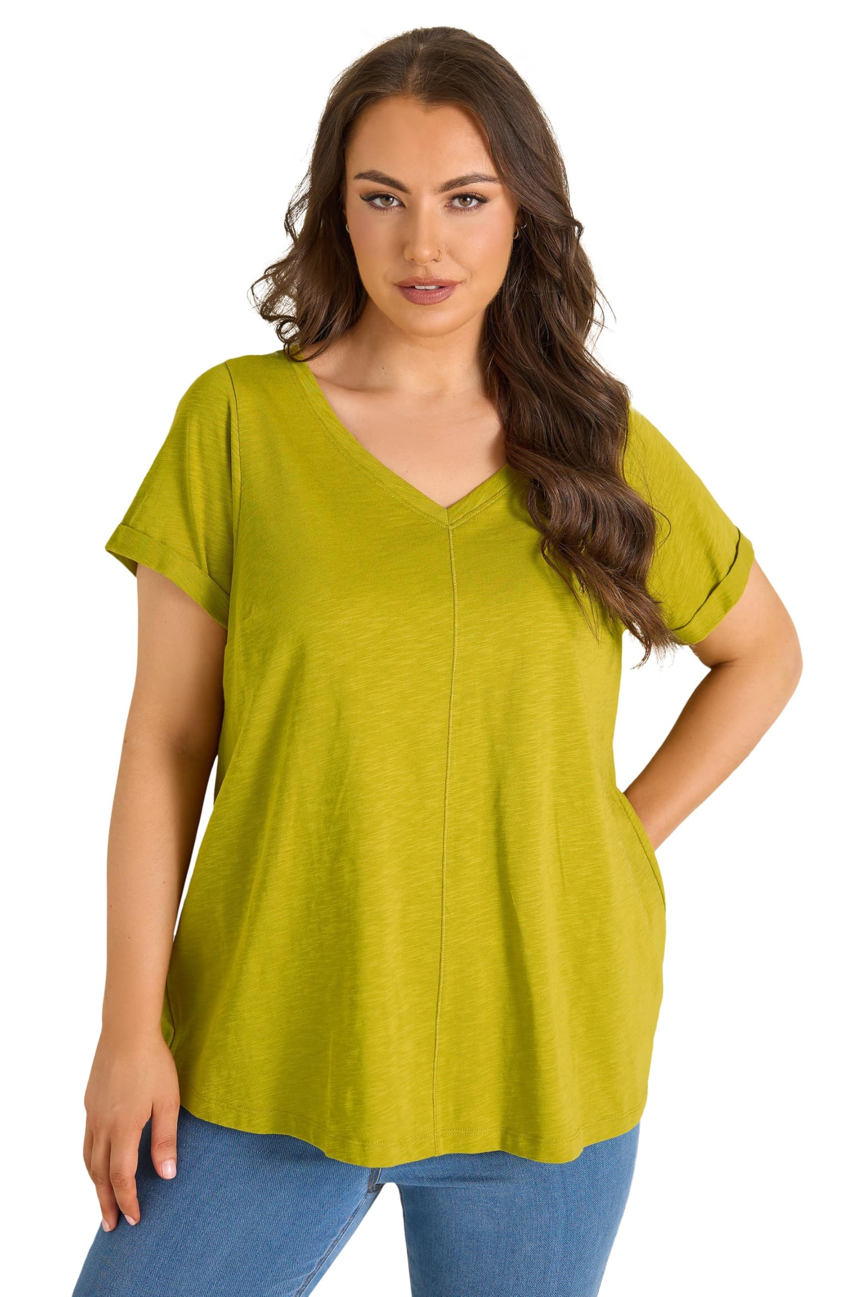 Evans Women's Lime Curve Charteuse Green Premium Cotton T-Shirt - Plus Size Curve