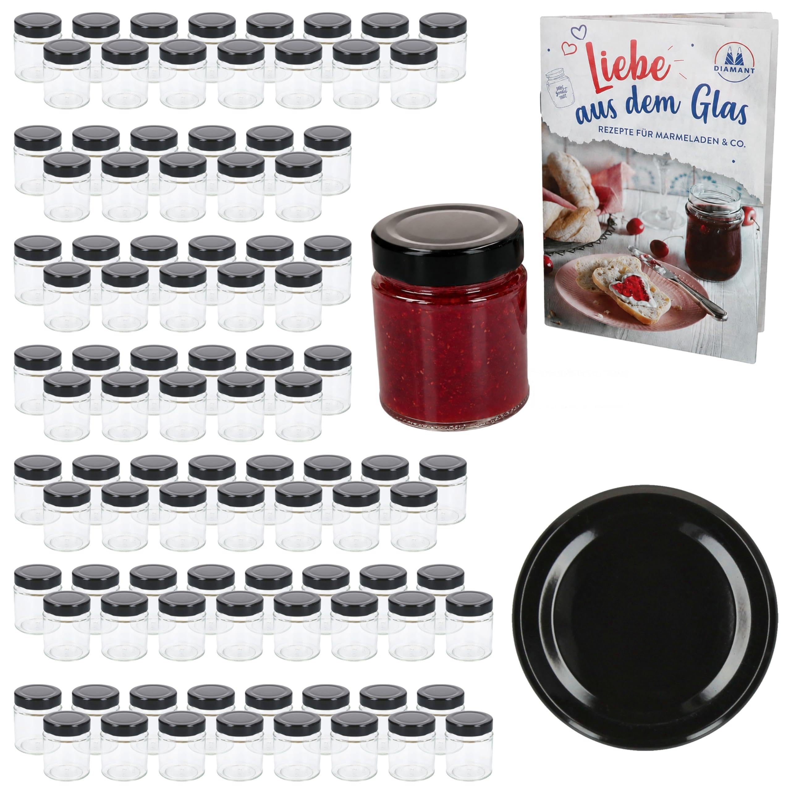 MamboCat 96er Set Marmeladenglas 161 ml mit Schraub-Deckel Schwarz I Hochrandgläser + Deep to 58 Deckel mit Diamant-Zucker-Rezept I Vorratsgläser einkochen & konservieren