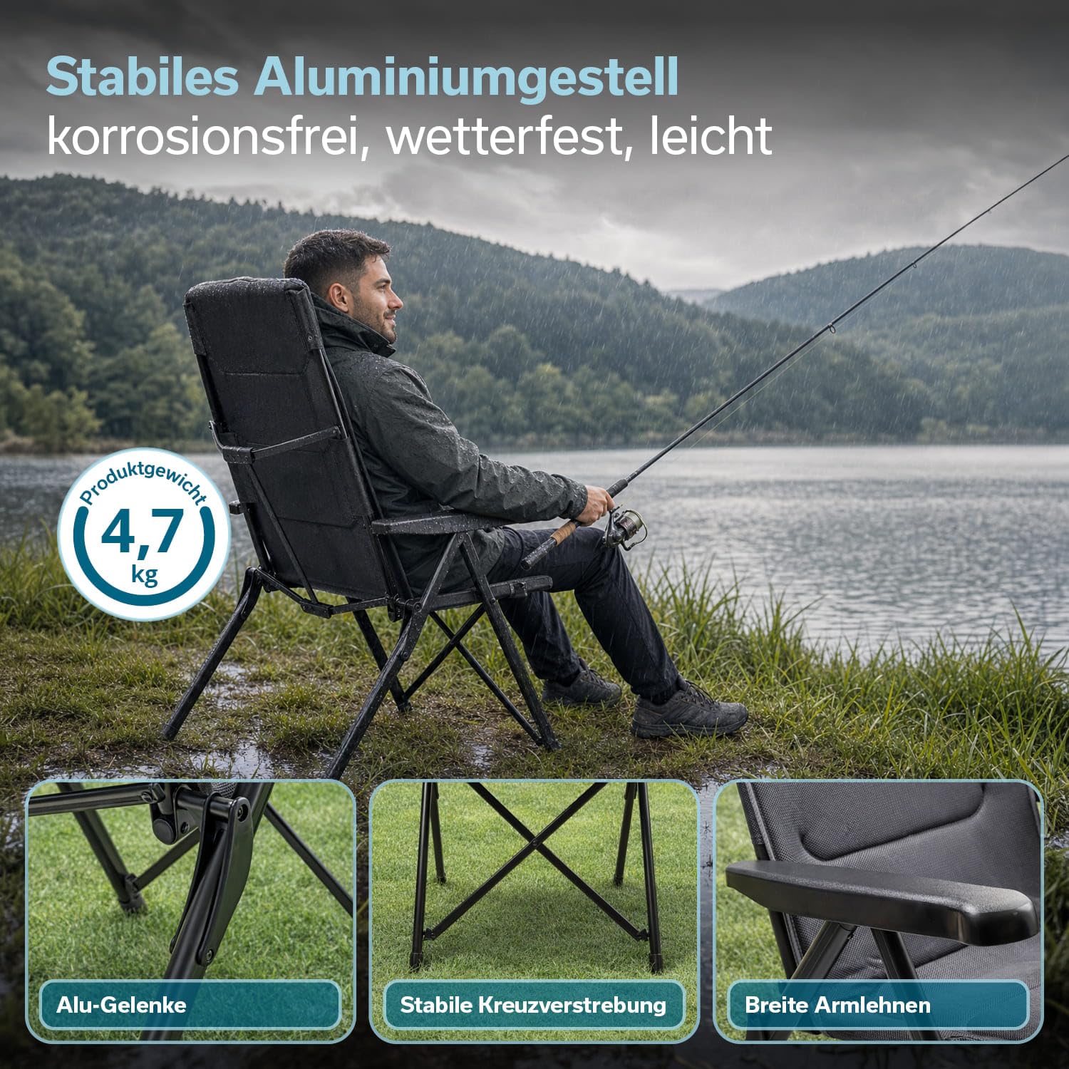 Skandika Klappstuhl Lepola | Campingstuhl faltbar aus Aluminium, Alu-Gartenstuhl, 7-Fach verstellbare Rückenlehne, 180kg belastbar, klappbar, hohe Lehne, Kopfstütze | Camping, Garten