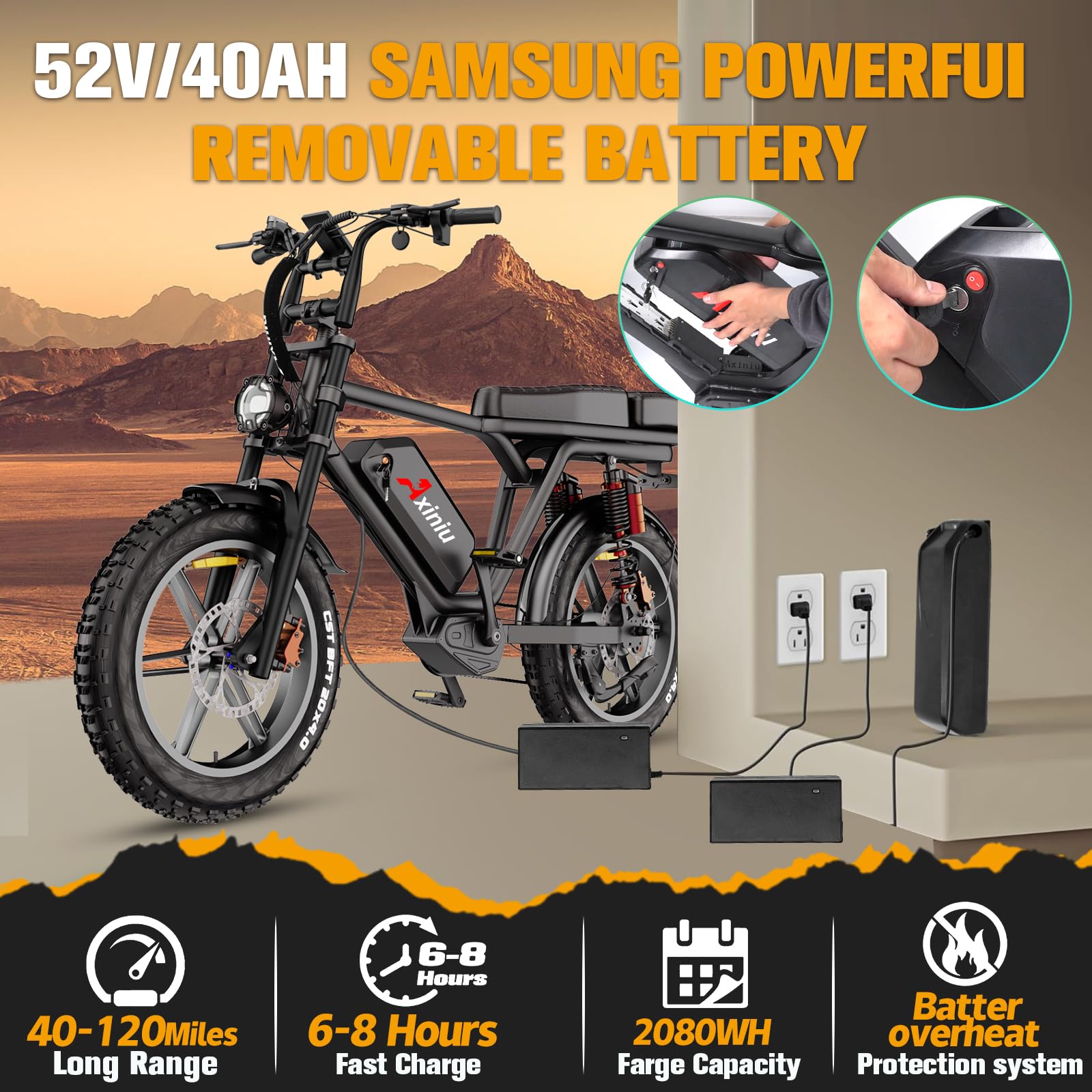 Axiniu Electric Bike for Adults, 52V 40Ah Battery Peak 2000W Motor 35MPH, 50-180 Miles, 20