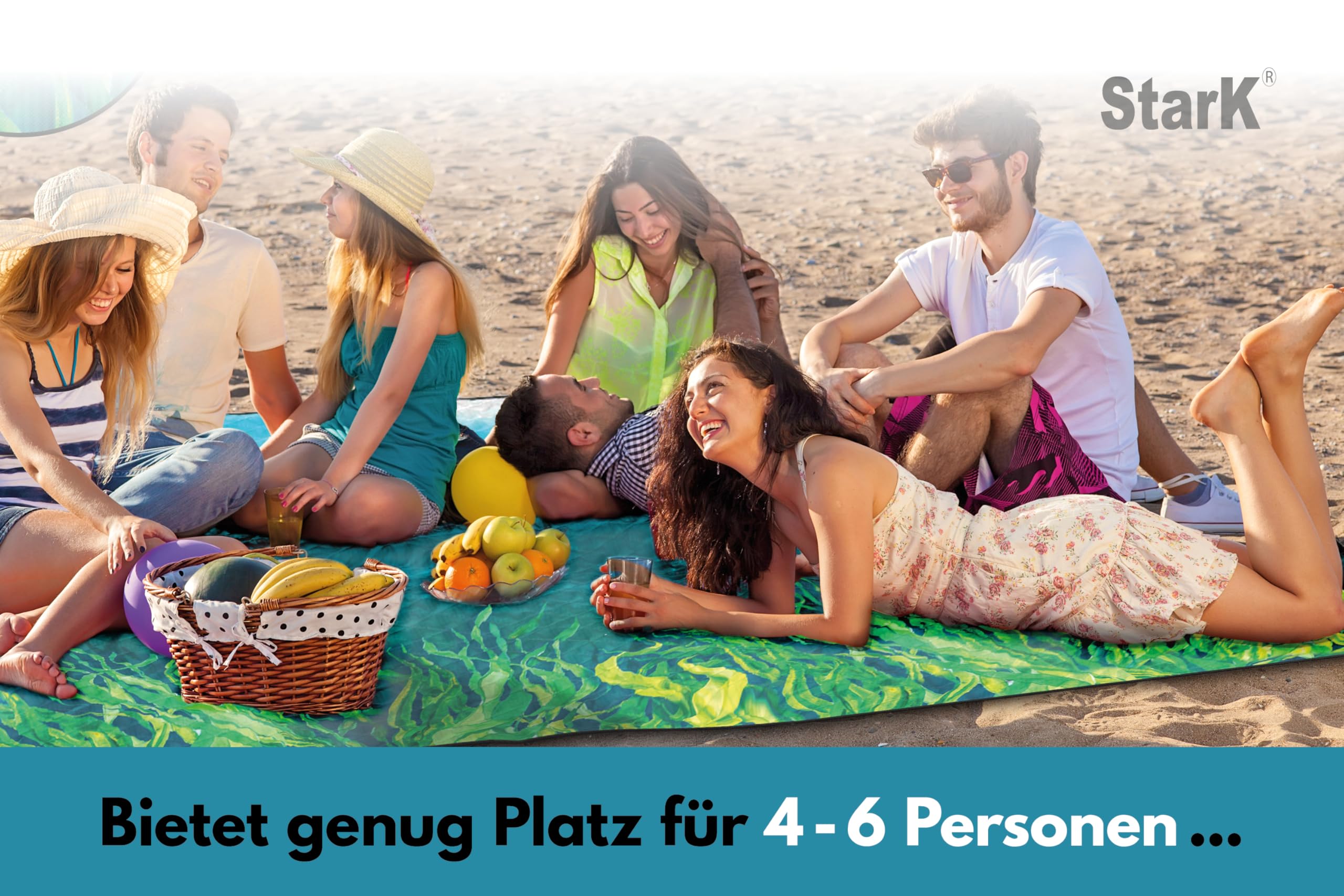 StarK Picknickdecke Ocean 200x200 Wasserdicht,3 -lagige Stranddecke Sandfrei ohne Nähte,Waschbare Strandmatte gepolstert (Ocean)