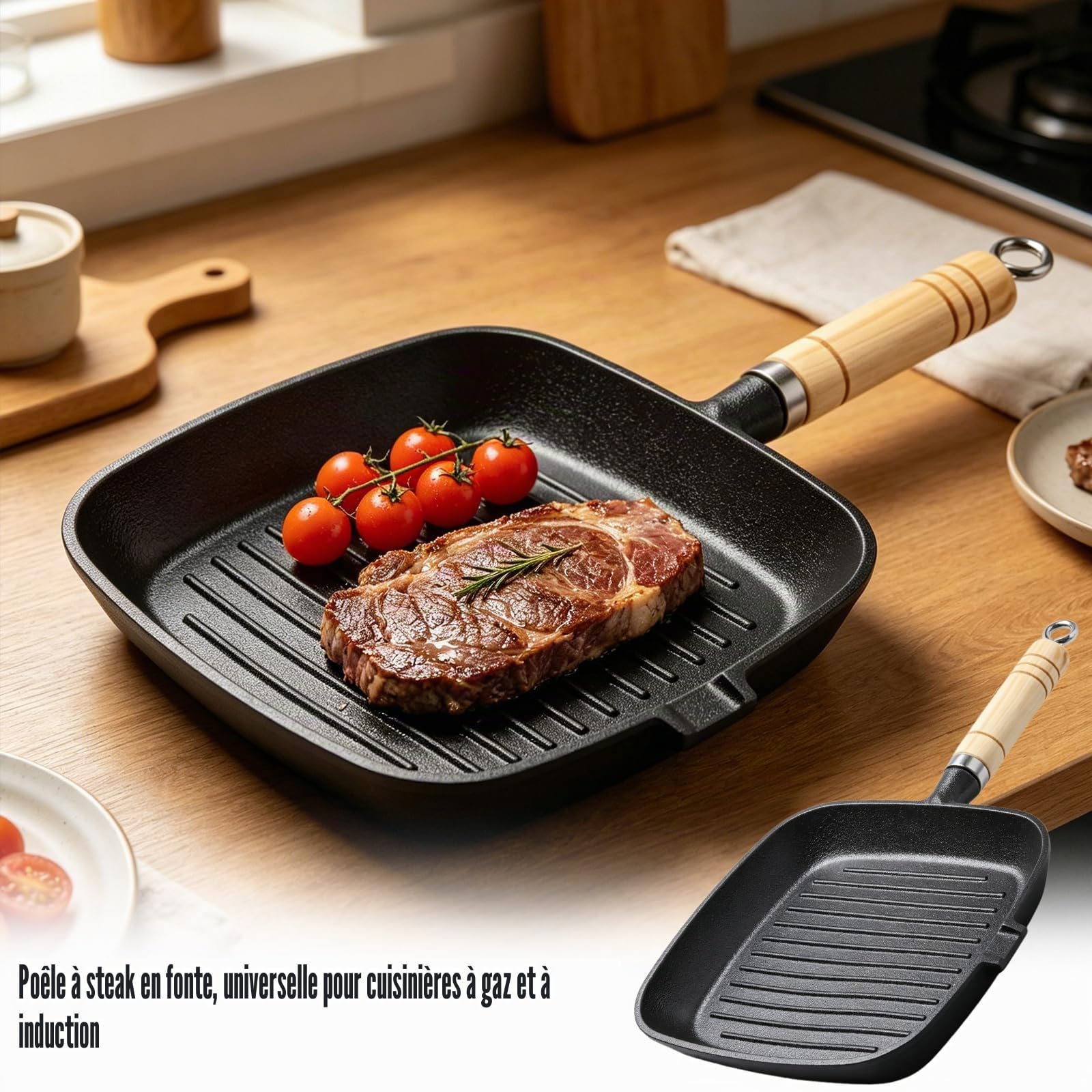Poêle Grill 22x22 cm En Fonte, Poele a Griller avec Bec Verseur et Manche Effet Bois Compatible Induction et Feux, Poêle Fonte Idéale pour Steak Légumes Cuisson Maison Durable