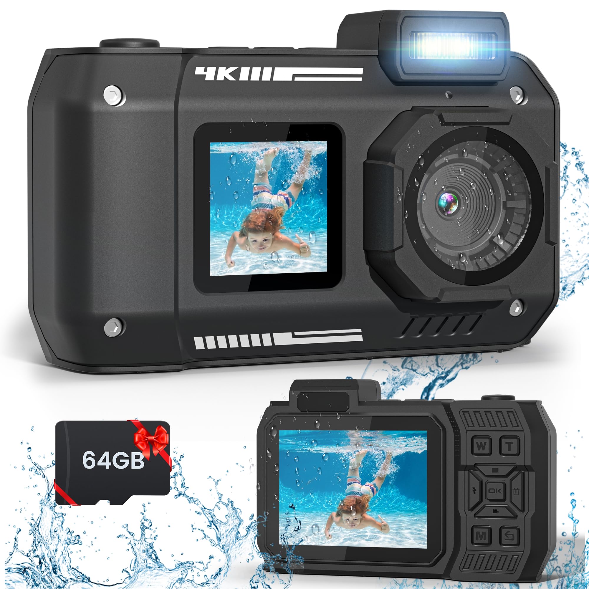 AKASO 4K 48MP Underwater Camera with 64GB Card, Dual-Screen, Rugged & Waterproof for Snorkeling & Diving (Black)