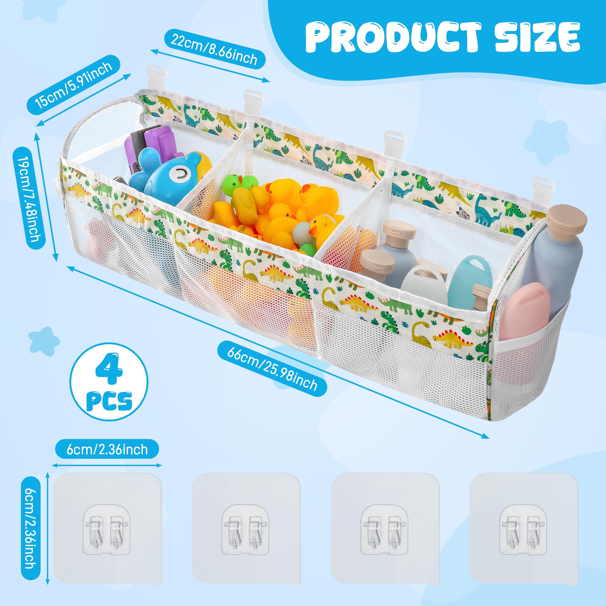 Organizador de almacenamiento de juguetes de baño de dinosaurios, soporte de juguetes de baño de 3 compartimentos para tinas con grandes aberturas, gran capacidad y malla de secado rápido, 4 2