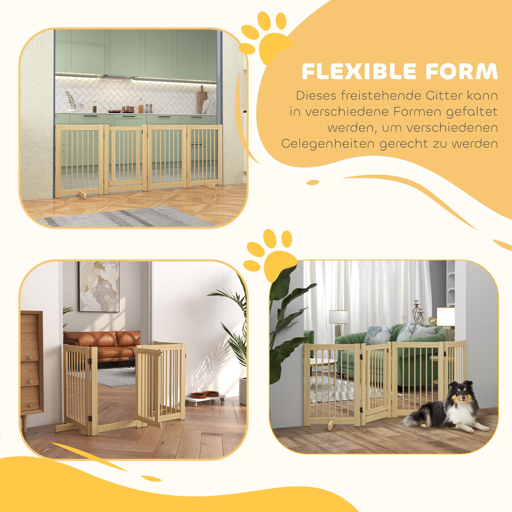 PawHut Absperrgitter Hund Freistehendes Schutzgitter mit Füßen 204 x 75 cm Holz Hundegitter Treppenschutzgitter Türschutzgitter Treppengitter für Treppen, Türen, Küche, Flur, 4 Paneelen, Natur