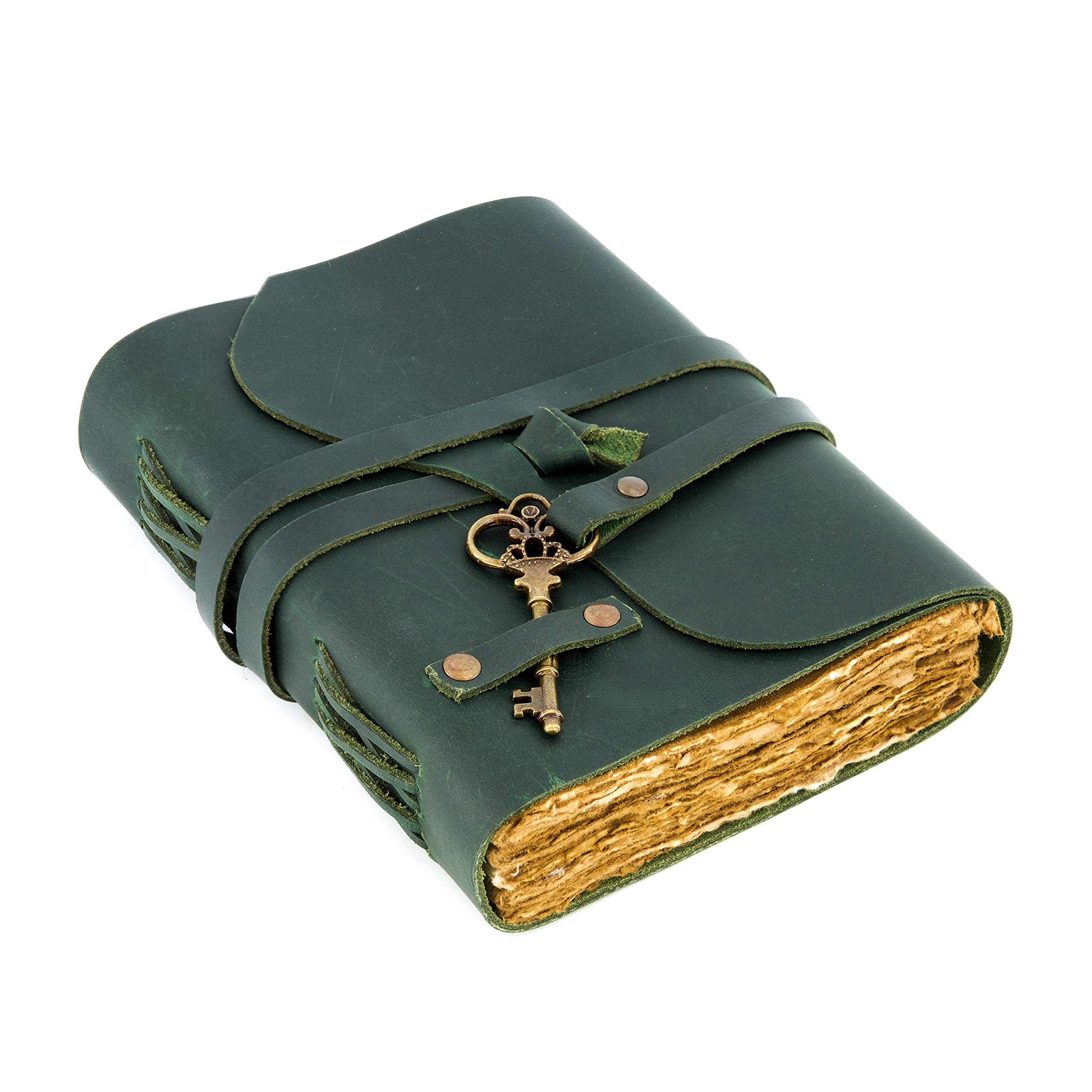 Vintage Leather Journal - Antique Handmade Deckle Edge Vintage Paper Leather Bound Journal - Book of Shadows Journal - Leather Sketchbook - Drawing Journal - Great Gift (Green, 9"x6")