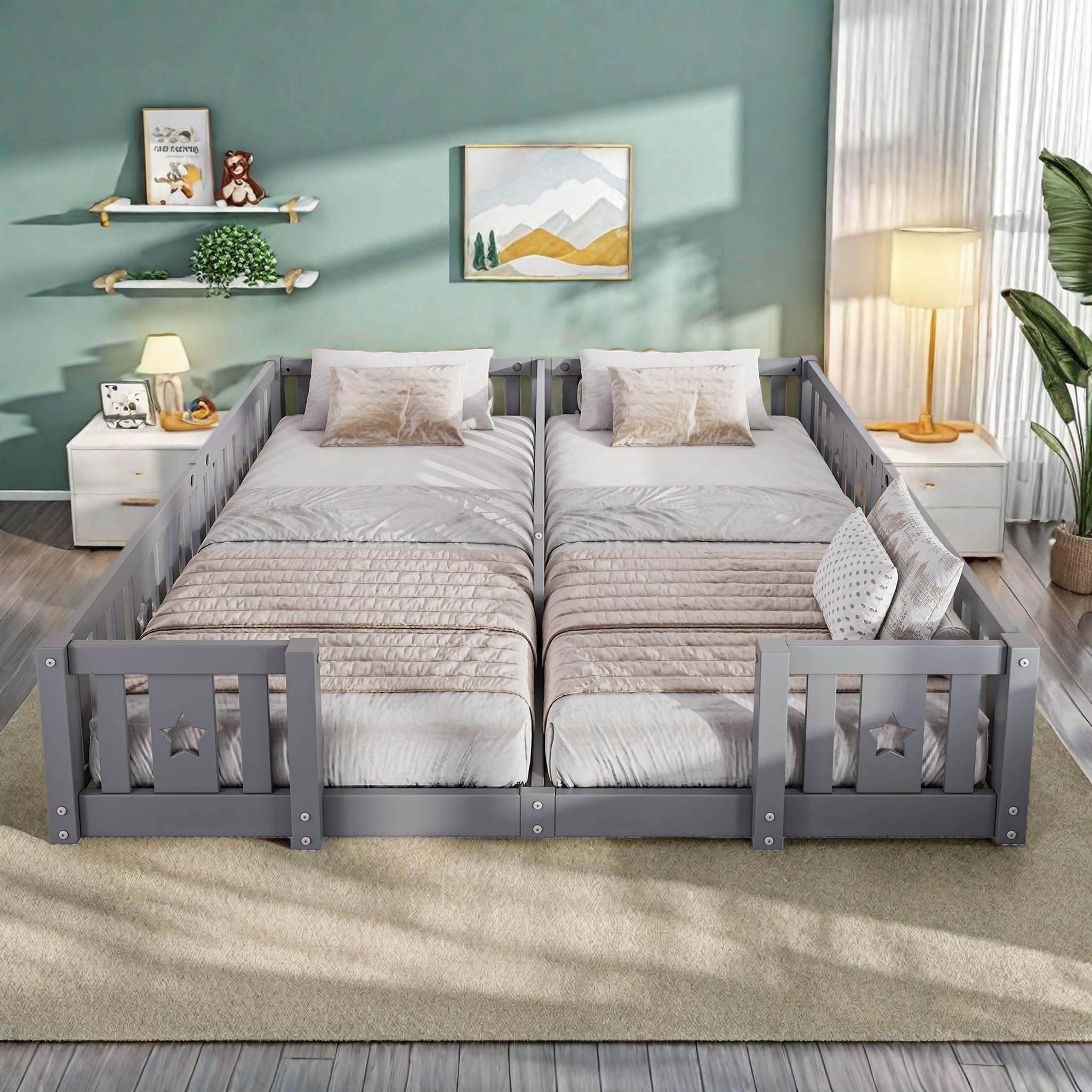 Cama infantil 180x200 cm madera protección anticaídas somier doble juvenil diseño escandinavo gris