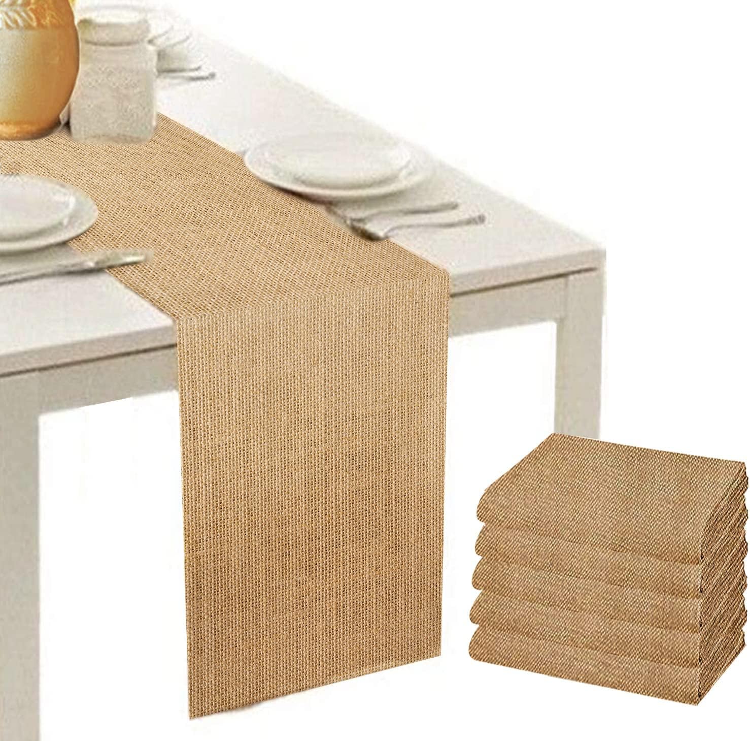Newwiee 6 Pack Disposable Table Runner 14 x 108 Inch Natural Burlap Table Runners