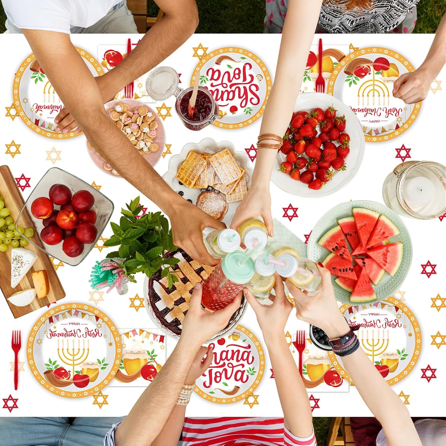 98 Pcs Rosh Hashanah Party Supplies Jewish New Year Plates Shana Tova Party Tablecloth Rosh Hashanah Party Decorations for Kitchen High Holy Day Tableware Paper Forks Napkins Plates for 24 Guests