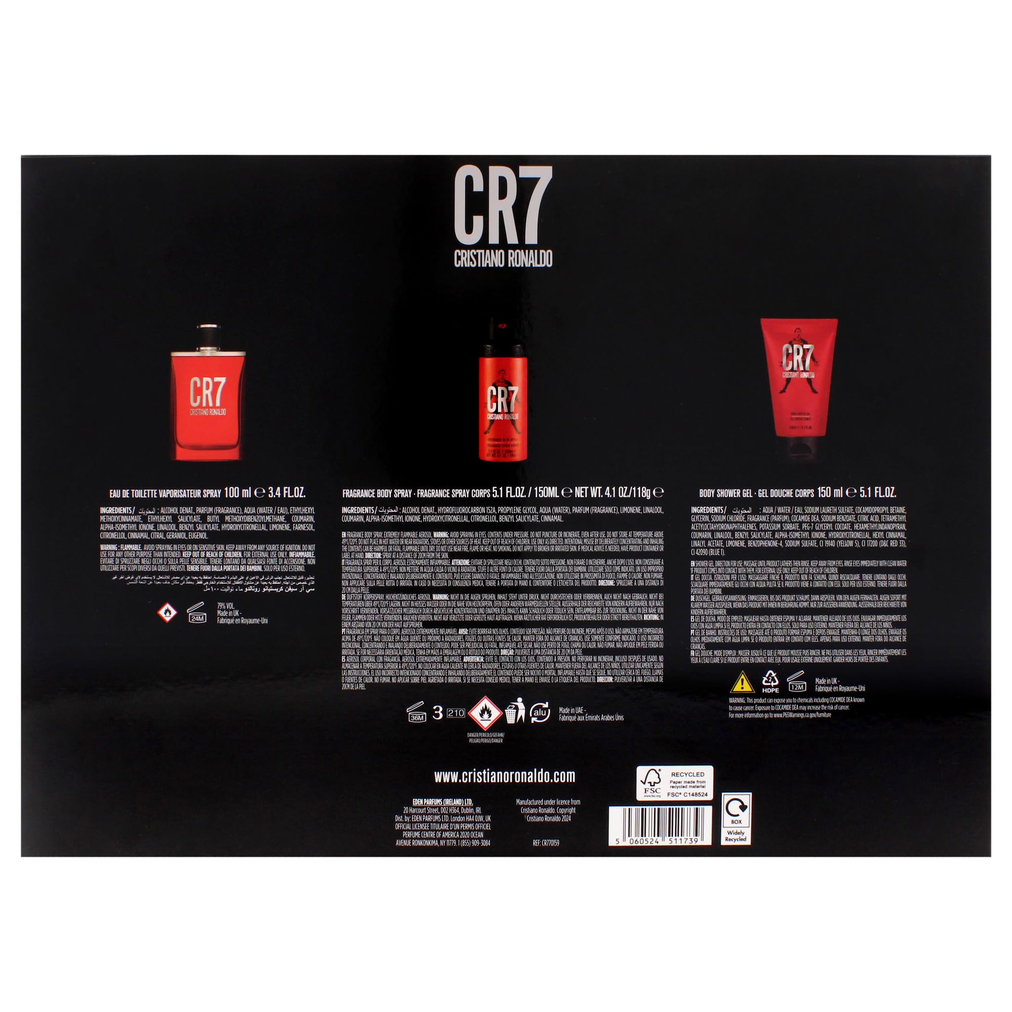 Cristiano Ronaldo Cr7 - Set regalo da 3 pezzi, Eau De Toilette, 100 ml, gel doccia, 150 ml, spray per il corpo, 150 ml
