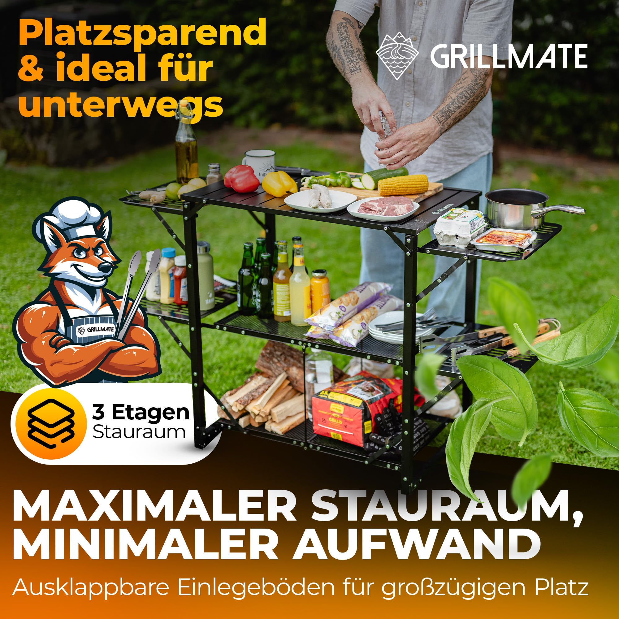 GRILLMATE Grilltisch Outdoor Wetterfest Klappbar | Grill Beistelltisch, Tisch für Grill, Balkon, Camping, Garten | Campingküche faltbar aus Aluminium Rostresistent [50kg Belastbar] inkl. Tragetasche