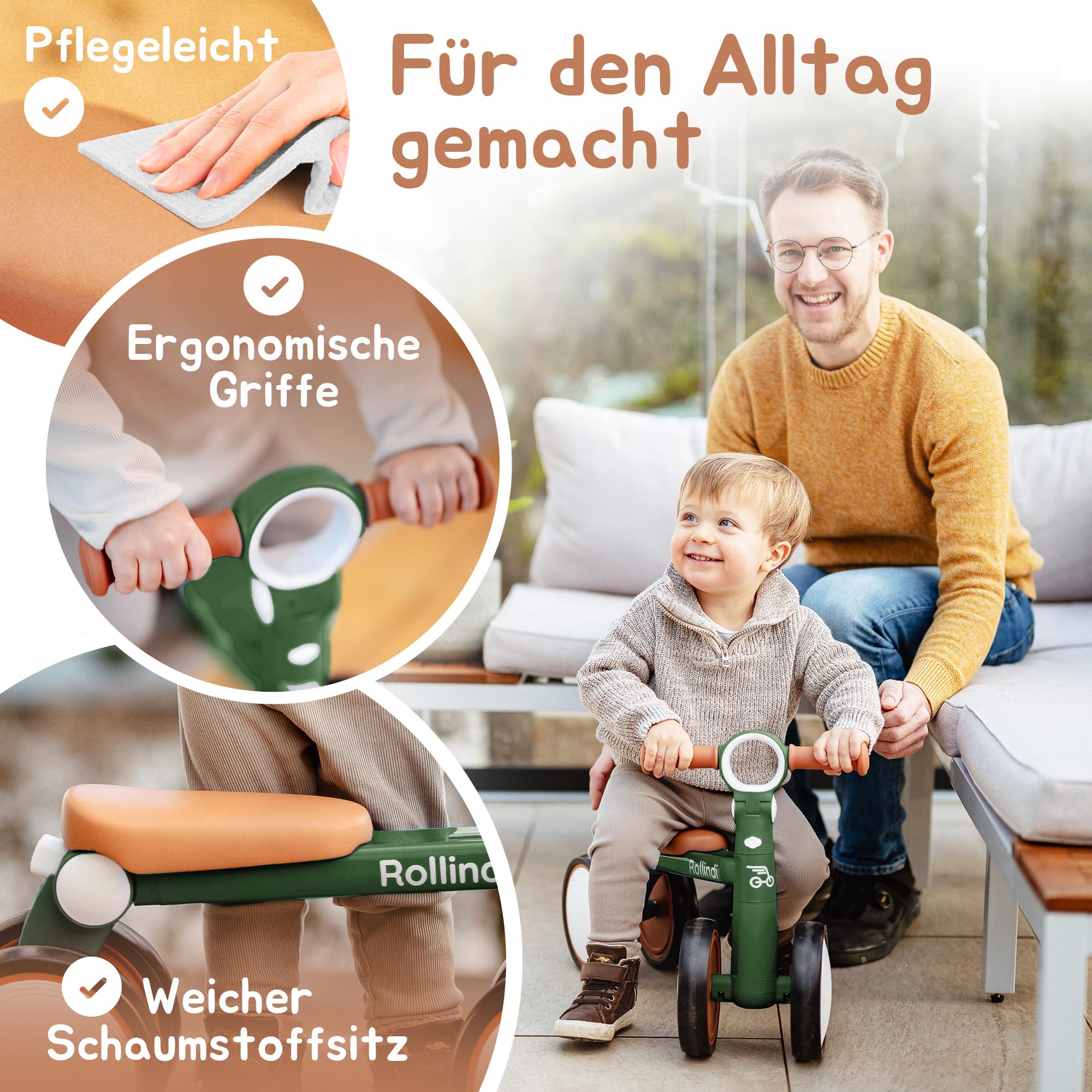 Walk – Sicheres erstes Laufrad ab 1 Jahr, Ultraleicht & kippsicher, leise Räder für drinnen & draußen, mitwachsendes Lauflernrad Baby 12–36 Monate, Geschenk zum 1. Geburtstag, Grün