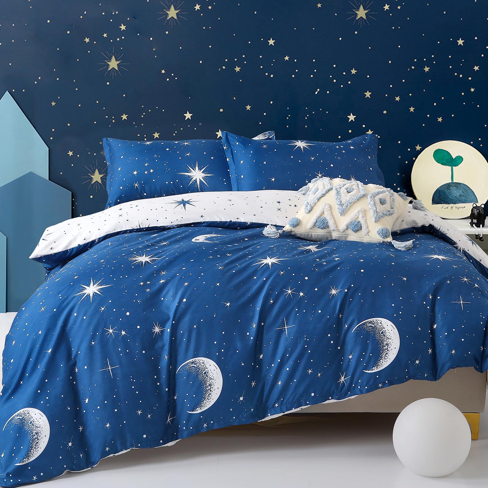 Duvet Cover Set Double Galaxy Moon Star Bedding Set For Boys Girls, Reversible Ultra Soft Microfiber Duvet Cover (3Pcs, Blue)