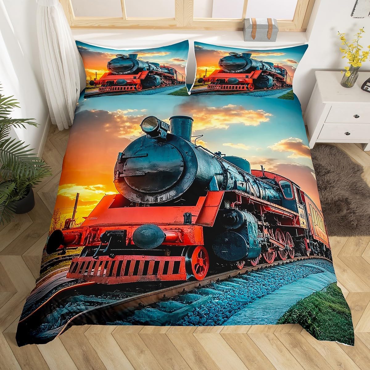 Erosebridal Train Comforter Cover for Girls Boys,Retro Vehicles Bedding Set for Kids Child,Large Steam Train Duvet Cover 3D Vintage Truck Car Quilt Cover Kids Car Theme Room Decor Full Size