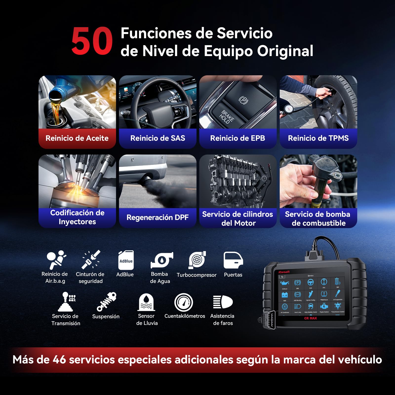 iCarsoft CR MAX OBD2 Máquina Diagnosis Coche Multimarca, Escáner de Todo el Sistema, 50 Funciones de Servicio, Codificación ECU, Prueba Bidireccional, Vin Automático, con Adaptadores de 38 y 20 Pines
