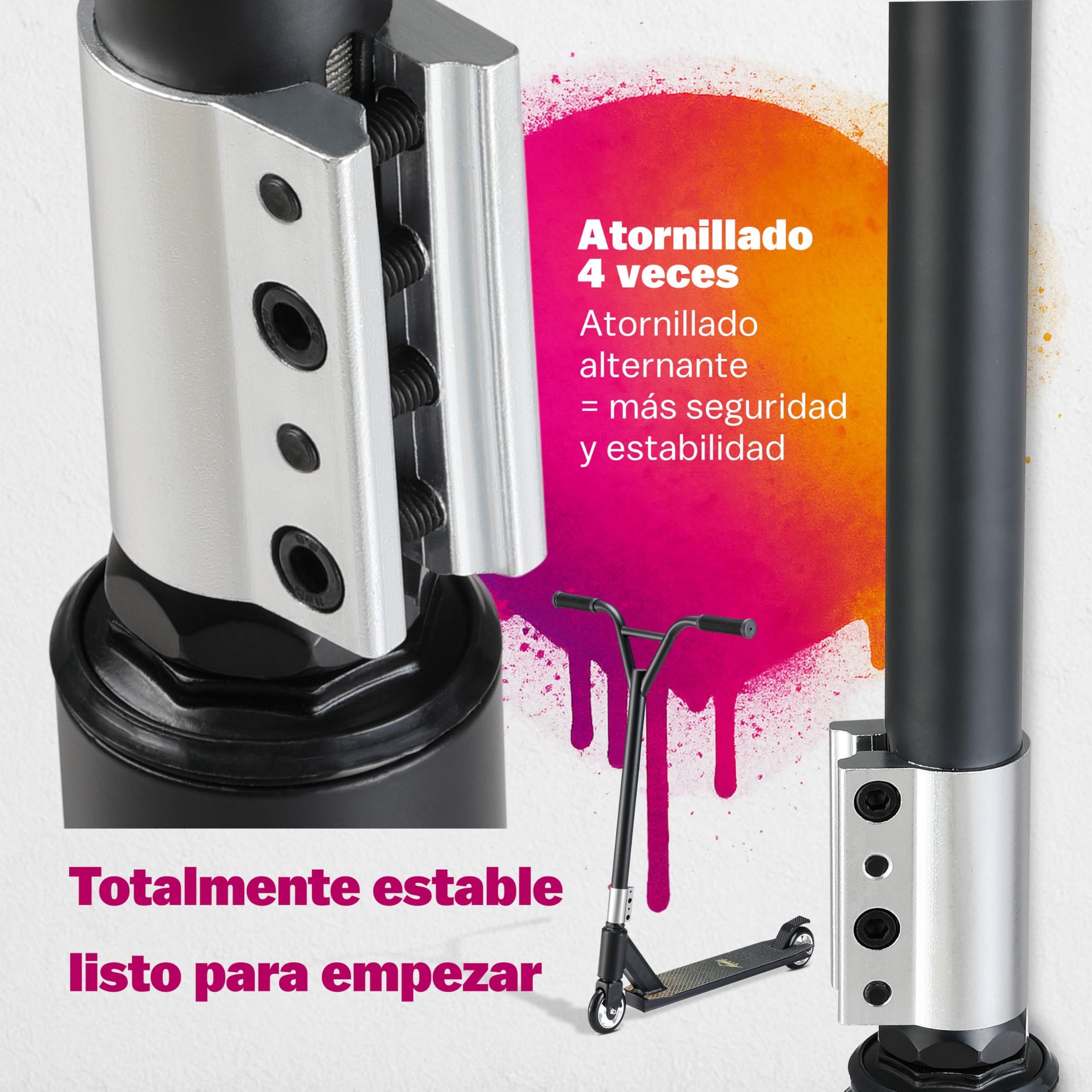 Patinete de Acrobacias Ruedas PU 100mm Manillar Y 360° Capacidad 100KG Rodamientos ABEC 9 Scooter Adultos y Niños