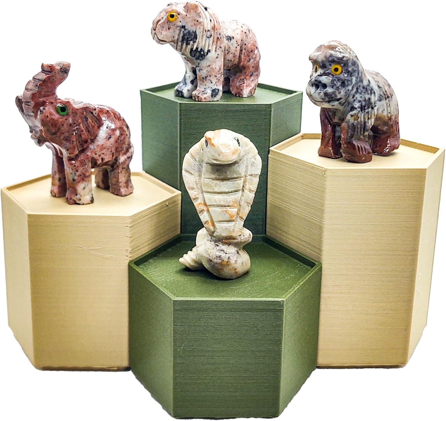 Wild and Exotic – Spirit Animals Hand Carved Collections of Natural Dolomite Stone Totem Figurines of Elephant, Lion, Gorilla, and Cobra with Hexagon Display Stands for Meditation, Altars, and Fun Wild and Exotic – Spirit Animals Hand Carved Collections of Natural Dolomite Stone Totem Figurines of Elephant, Lion, Gorilla, and Cobra with Hexagon Display Stands for Meditation, Altars, and Fun