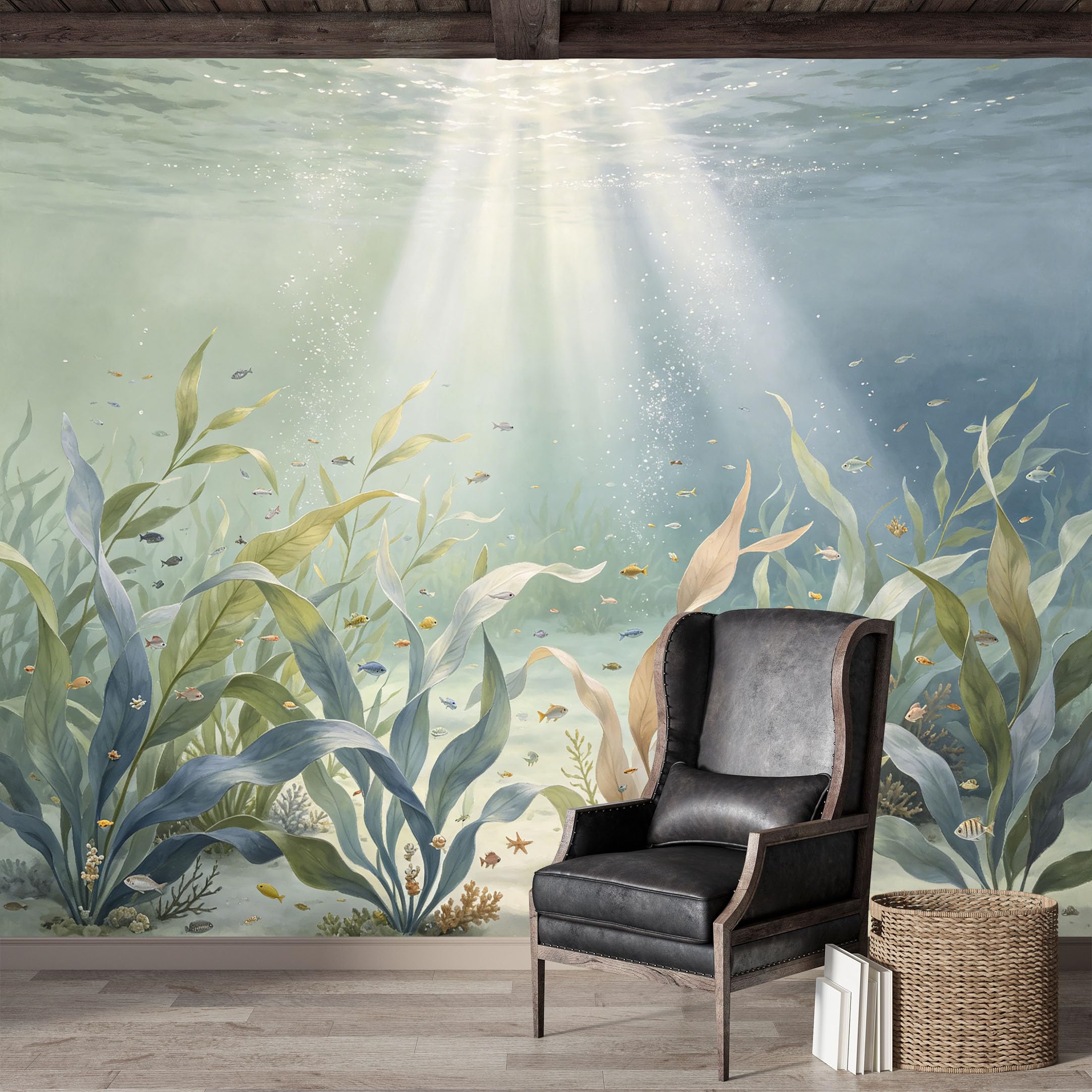 Custom Size Wall Mural,Underwater Seaweed Marine Life Watercolor Premium Water Activated SelfAdhesive Wallpaper,Removable Wall Covering,Easy DIY Install Wall Art for Indoor Home Decor