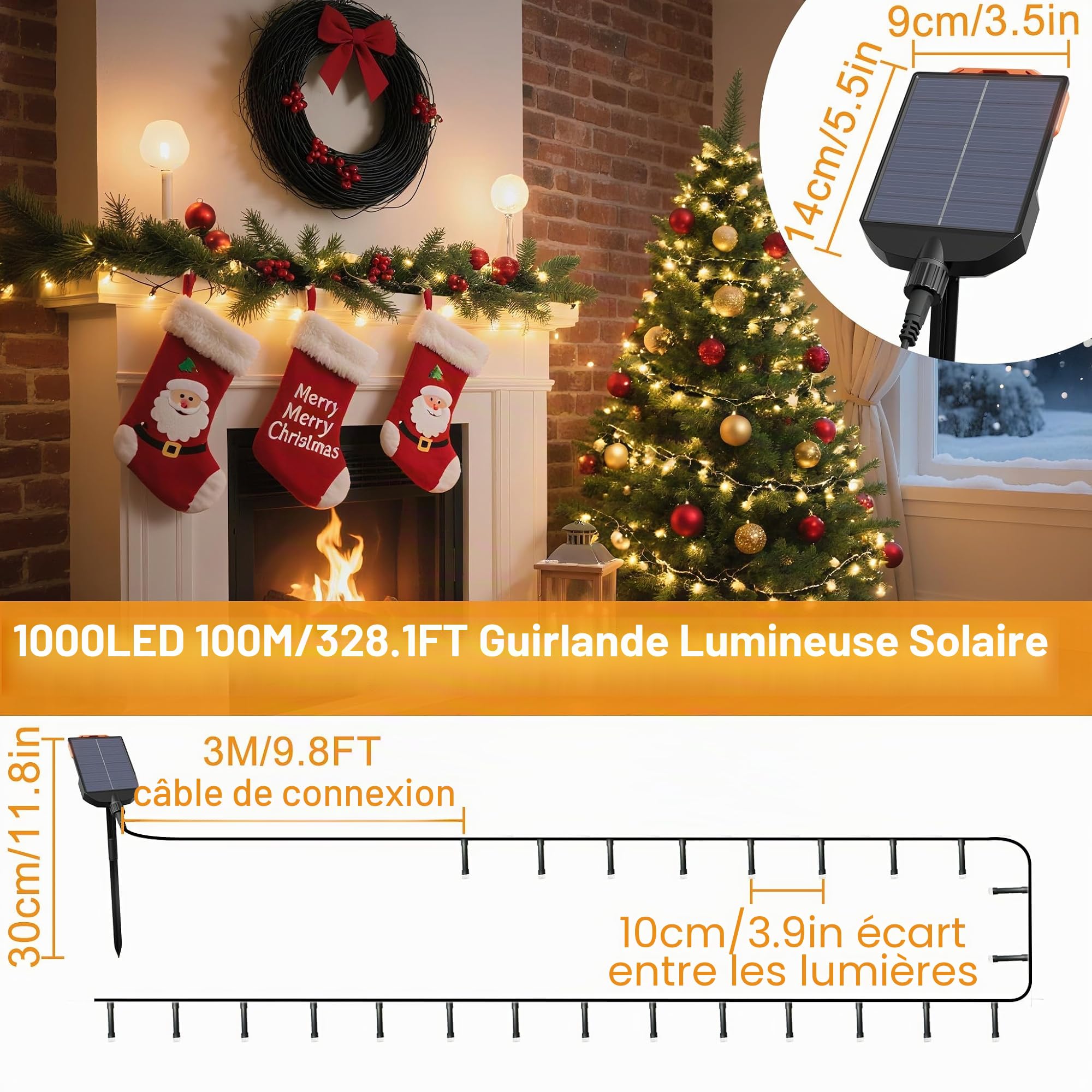 UISEBRT Guirlande lumineuse solaire d'extérieur de Noël 100 m 1000 LED blanc chaud, 8 modes et minuterie
