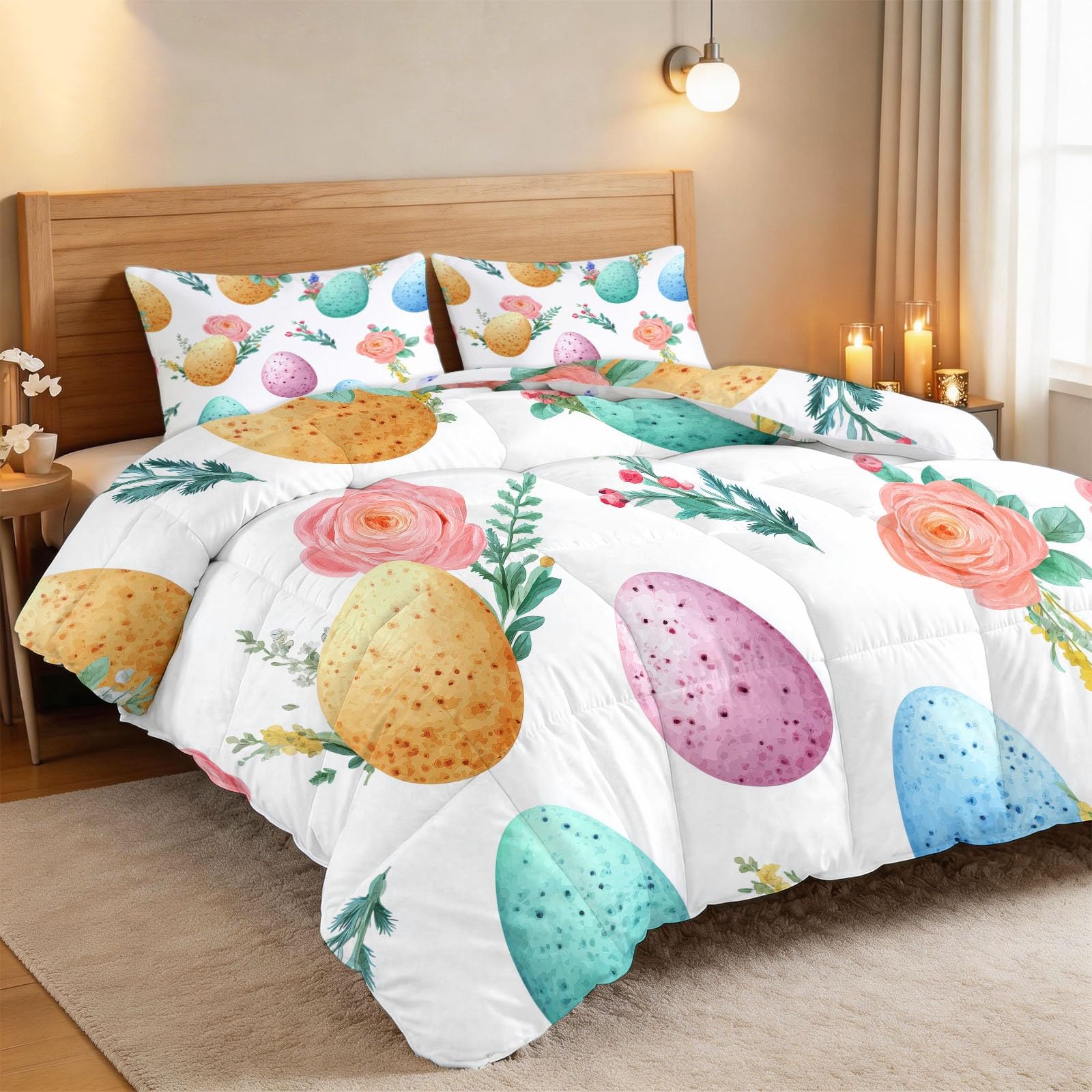Generisch Florale Ostereier Bettdecke 200 x 220 cm 4 Jahreszeiten Steppdecke, Aquarellmalerei Waschbare Ganzjahresdecke Kinder Bettwaren Set Kinderzimmer Gästezimmer Bettdecke Ohne Bezug