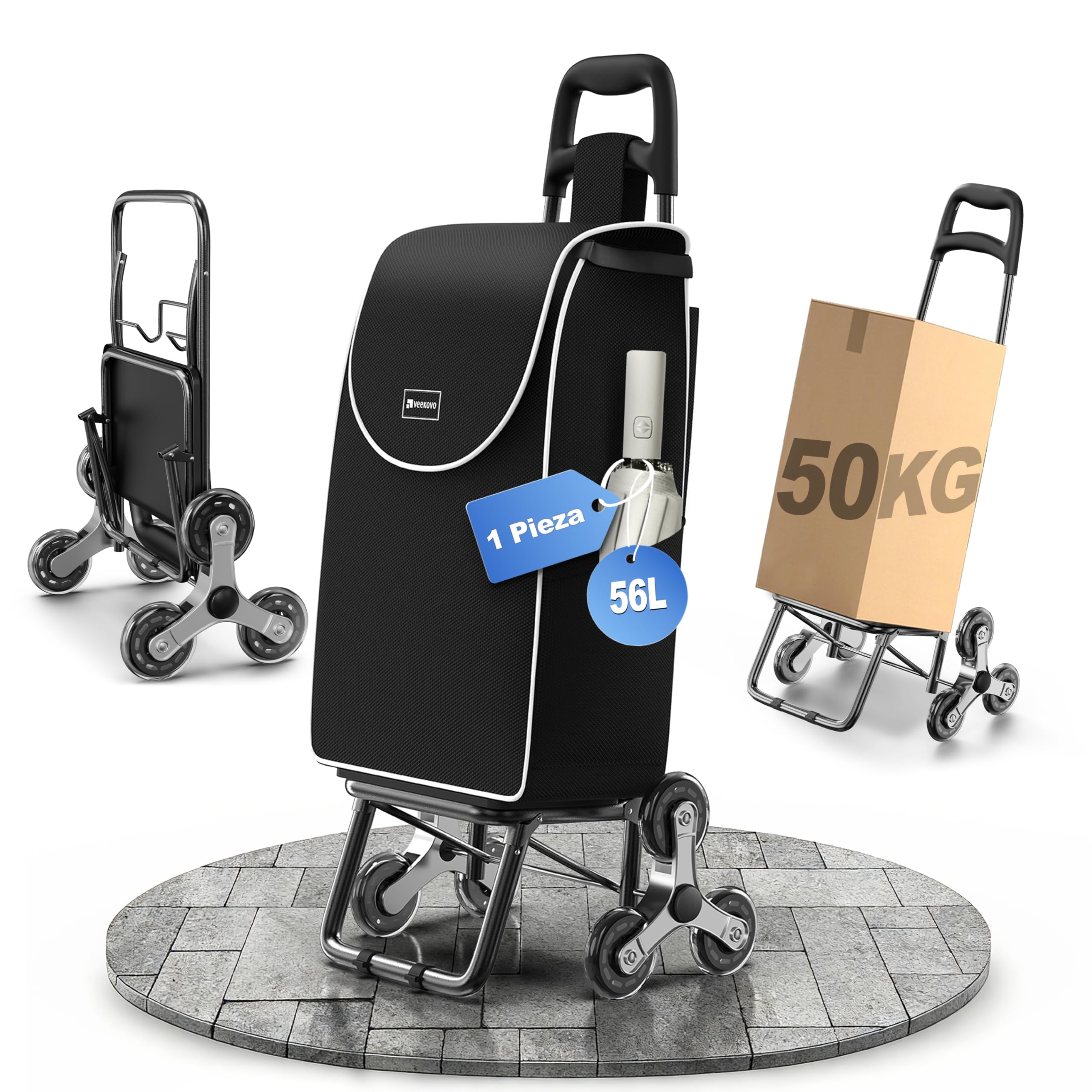 Carrito de Compras para comestibles, Carrito de comestibles Plegable Ligero con Capacidad de 56L,con 6 Ruedas para Subir Escaleras,Bolsa Oxford Desmontable (Negro R1)