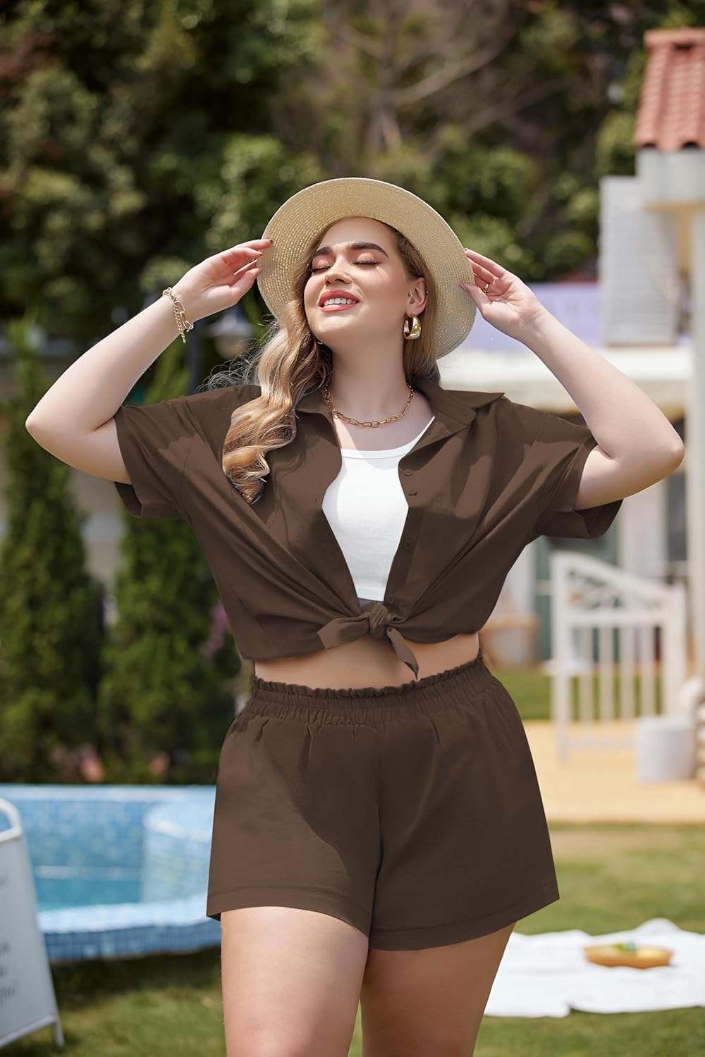 IN'VOLAND Women's Plus Size 2 Piece Tracksuit Outfits Sets Cotton Linen Sets Short Sleeve Shirt Summer Casual Shorts Set - Image 3