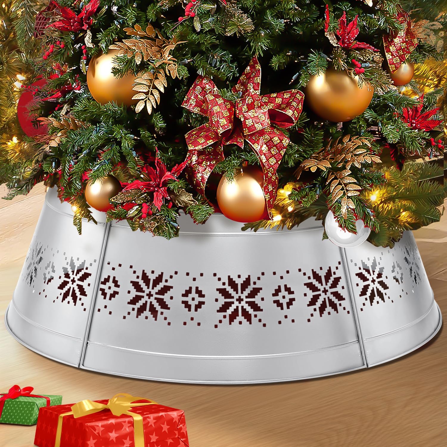 tfro & cile 28" christmas tree collar 5-panel metal christmas tree skirt silver base stand holiday home decoration with hollow snowflake silver snowflake