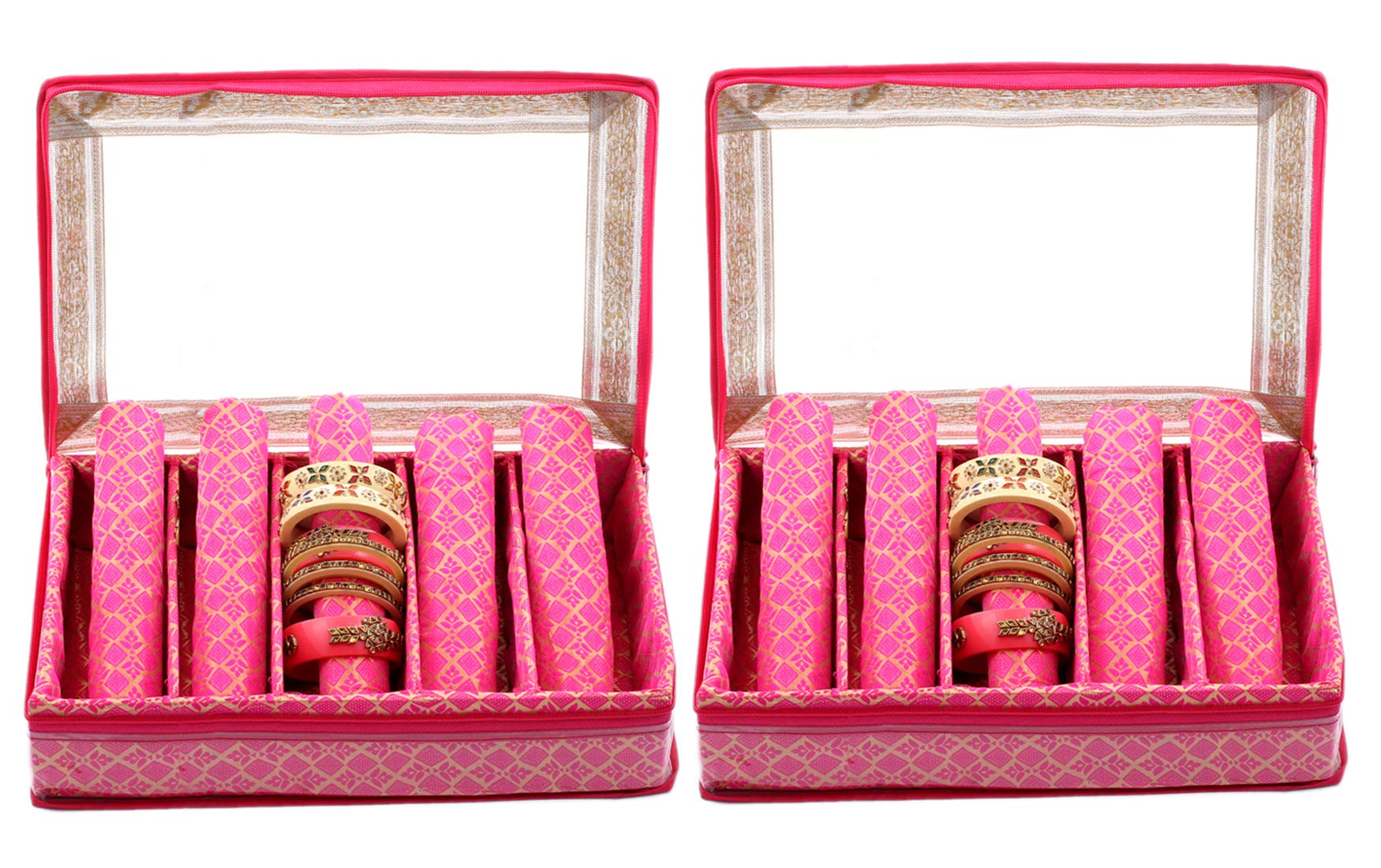 Kuber Industries Brocade Hardboard 2 Pieces Five Rod Bangle Box (Pink) - CTKTC42027