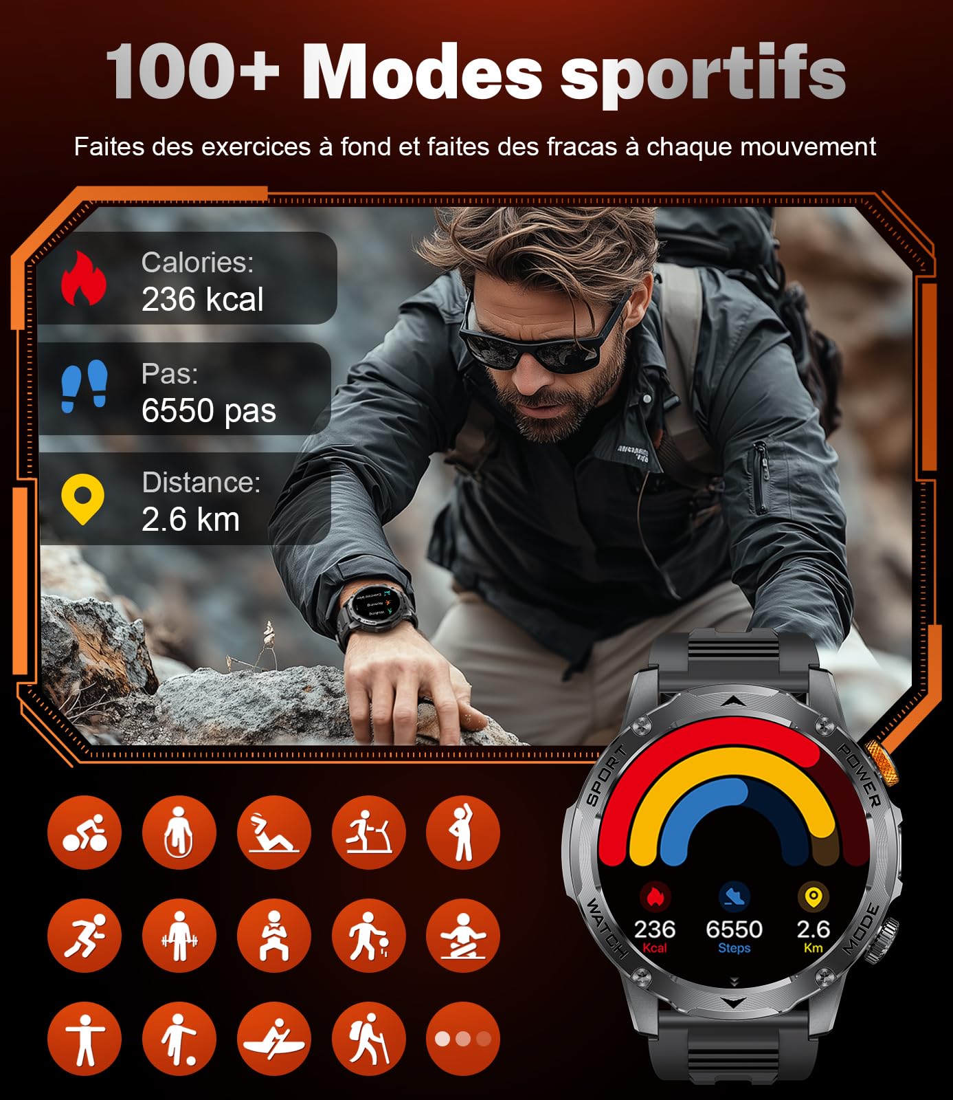 LIGE Montre Connectée Homme avec Appel Bluetooth-1000mAh Batterie,1.75" HD Grand Écran/LED Lampe,24/7 Sommeil/Fréquence Cardiaque,110 Sportifs IP68 Étanche Smartwatch Homme pour Android iOS, Silicone