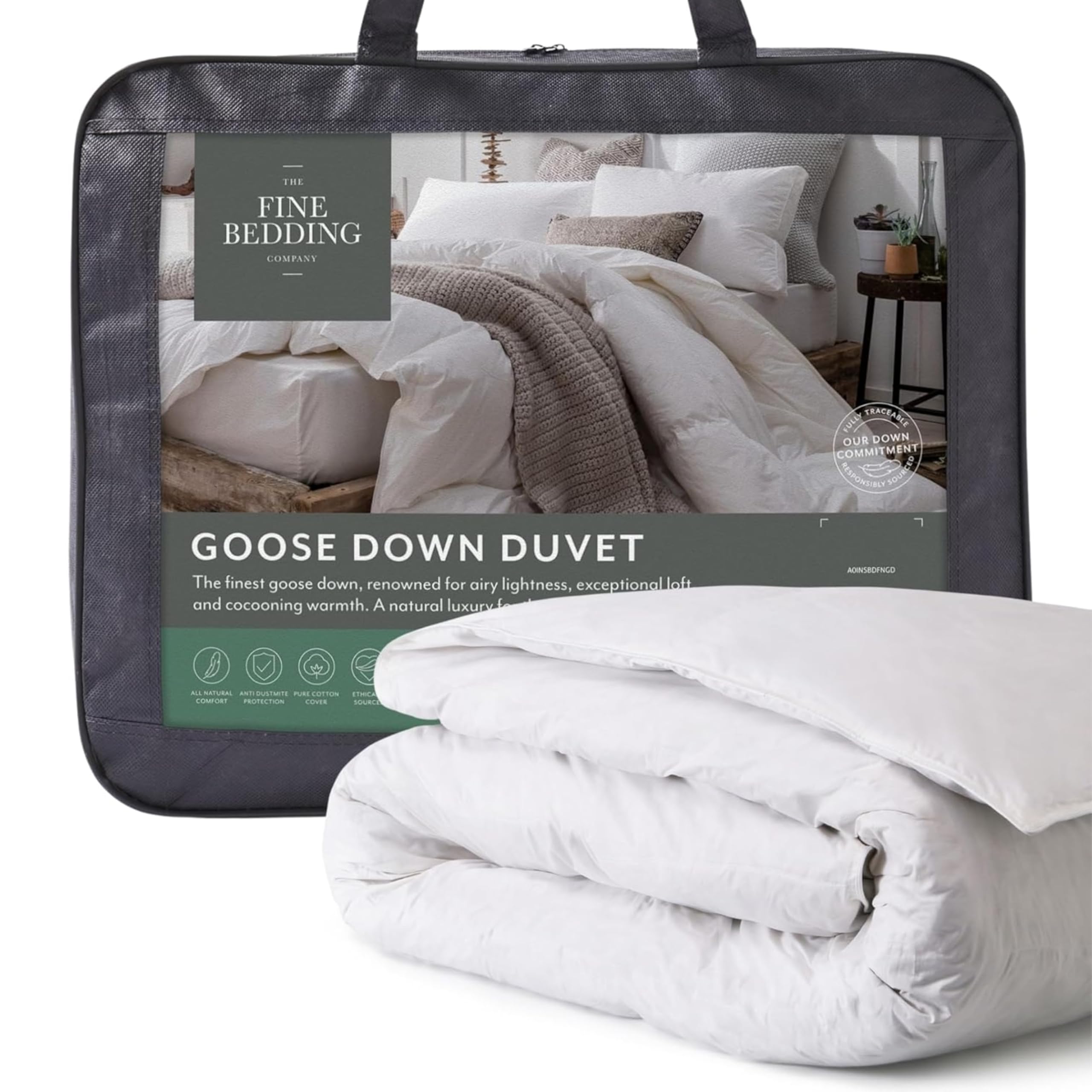 The Fine Bedding Company Goose Down Double Duvet 4.5 Tog – Summer Duvet with Feather & Premium Down Blend, Breathable Natural Fill, Soft Cotton Cover, Washable – Double Bed Size