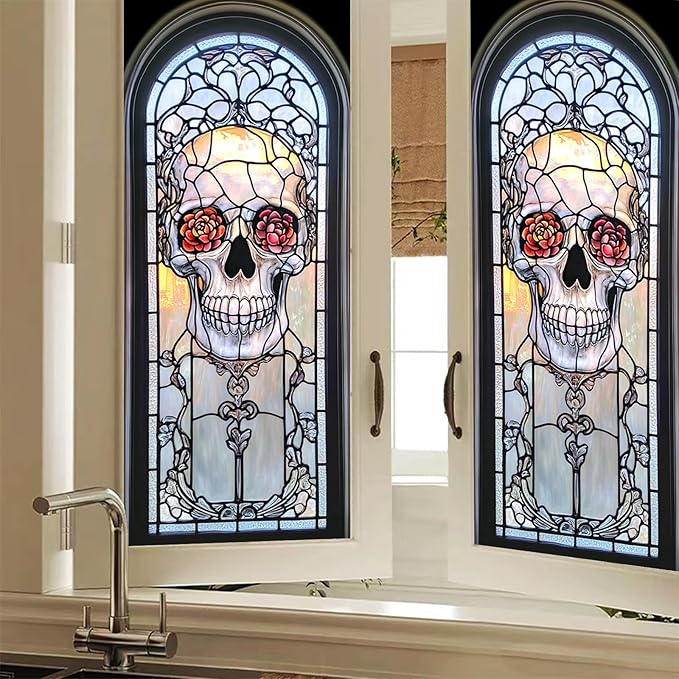 Day of The Dead Window Sticker 18 x 39 Inch Vertical Glass Decal Home Decor Halloween Holiday Sugar Skull Catrina Rose PVC Panel Festival Decoration