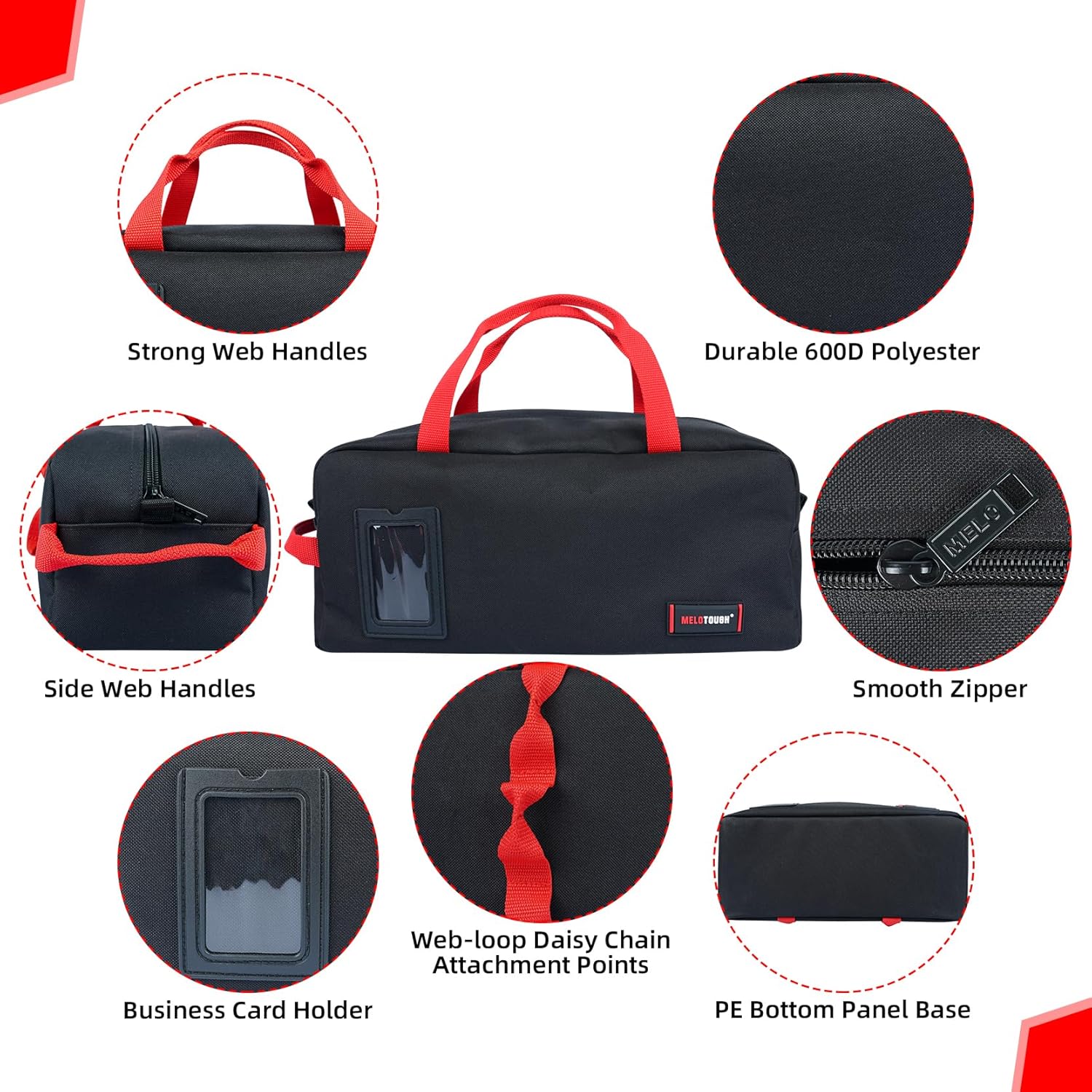 MELOTOUGH 16 Inch Tool Bag Canvas Tool Tote Bags with Zipper Heavy Duty 14 Inch Portable Tool Bag Organizer for Electrician,Plumbing,Technician,HVAC (Black&Red)