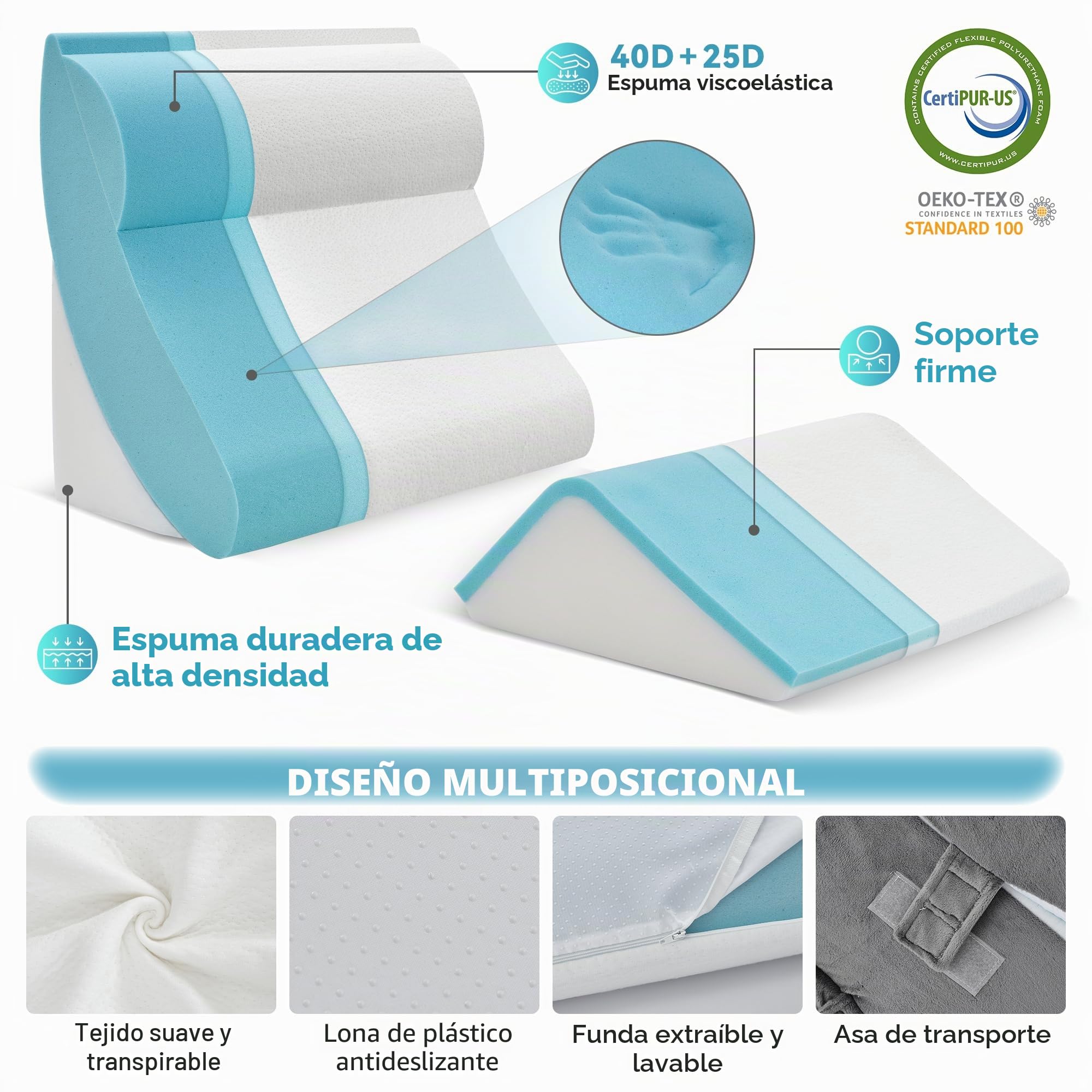 Kingfun Juego de 4 almohadas ortopédicas de cuña para cama postoperatoria, espuma viscoelástica para dormir, soporte ajustable para piernas, espalda y brazos, almohada para sentarse y descansar con