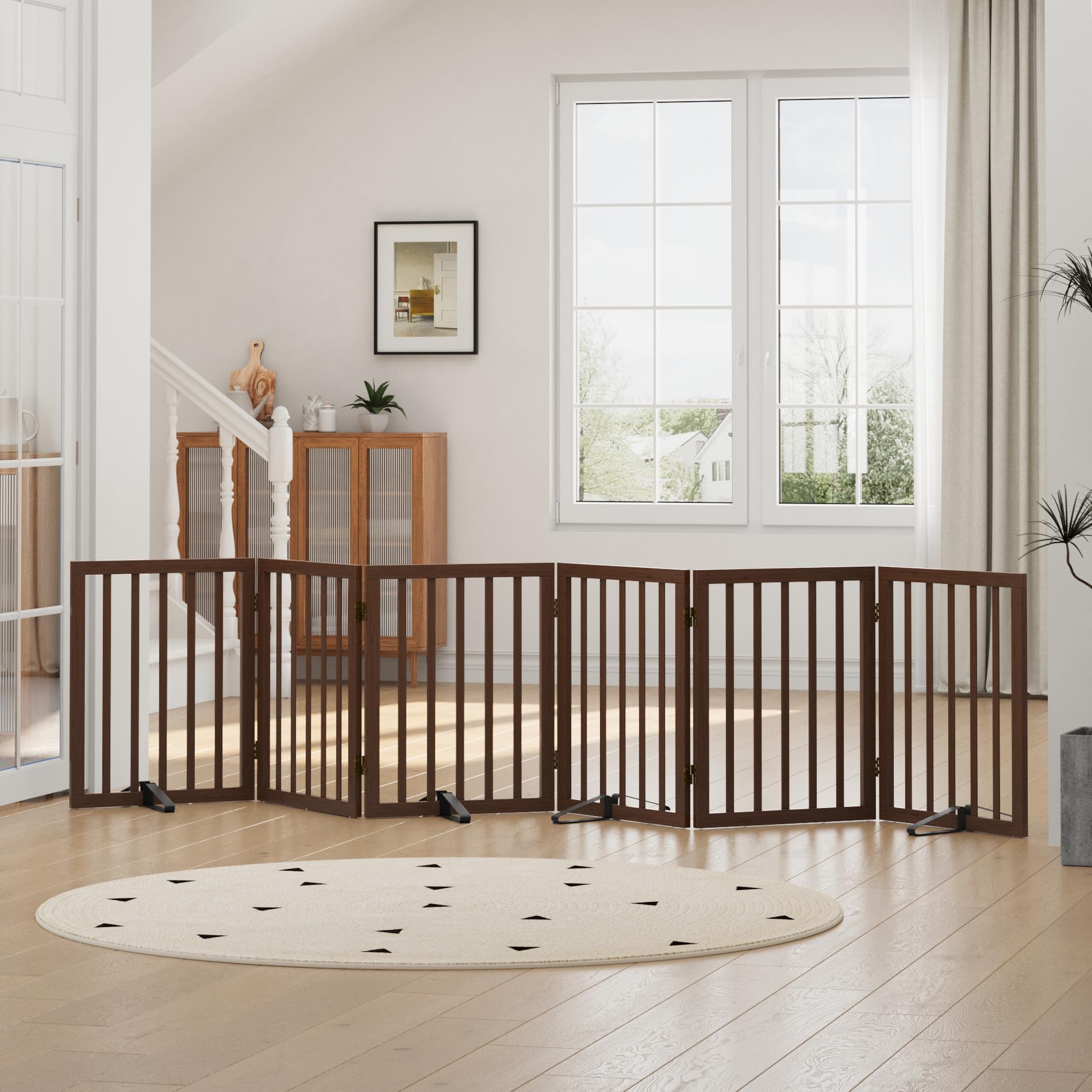 Dog Gates for Doorways, Foldable Dog Gate Indoor, Freestanding Pet Gates for Doorways Bedroom, Puppy Gate with Metal Support Feet, Room Divider 3 Panels (Walnut) — view 40