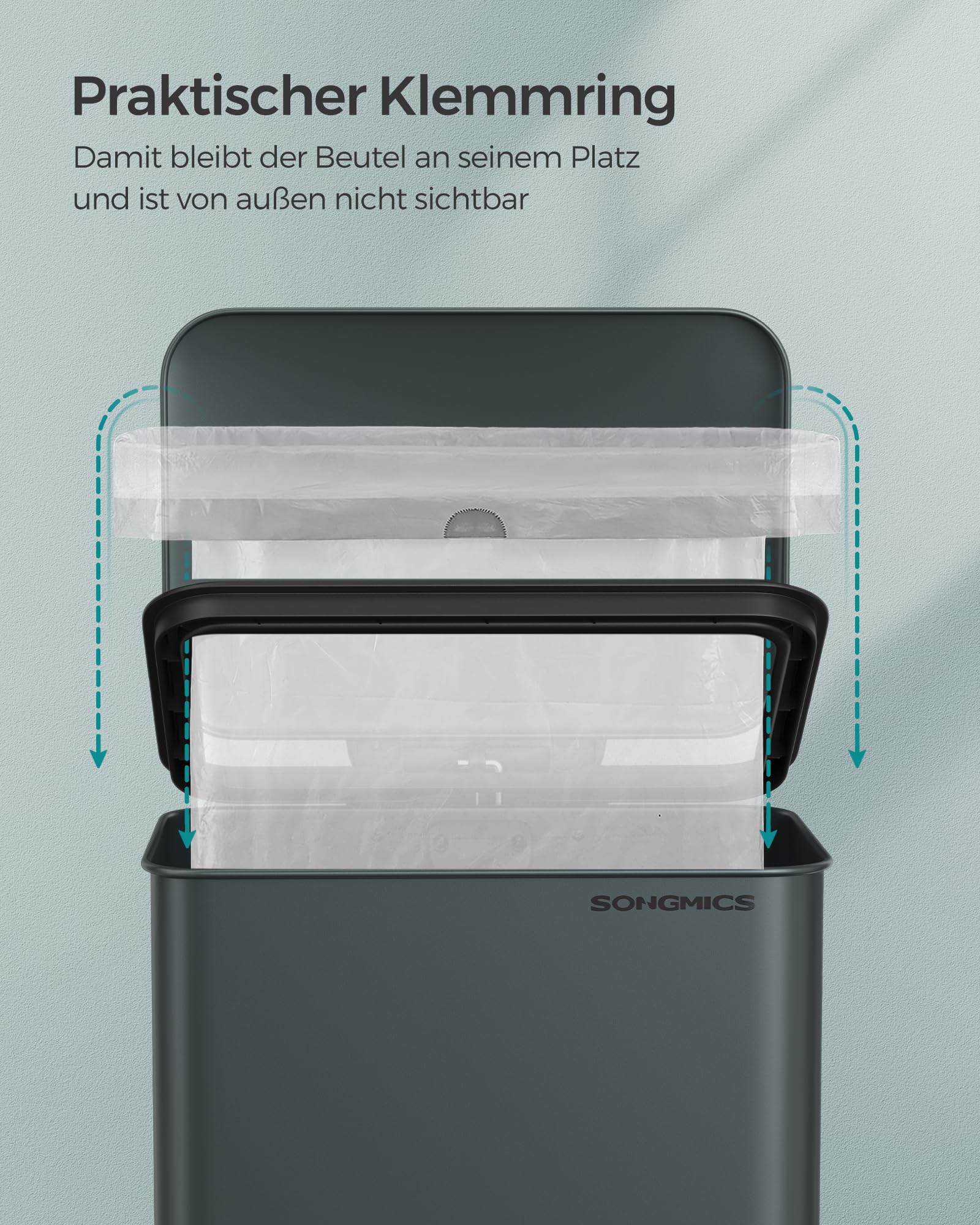 SONGMICS Mülleimer Küche, 40 Liter Abfalleimer, großer Tretmülleimer, mit Deckel, aus Stahl, Softclose, inklusive 15 Müllbeutel, anthrazitgrau LTB540G02