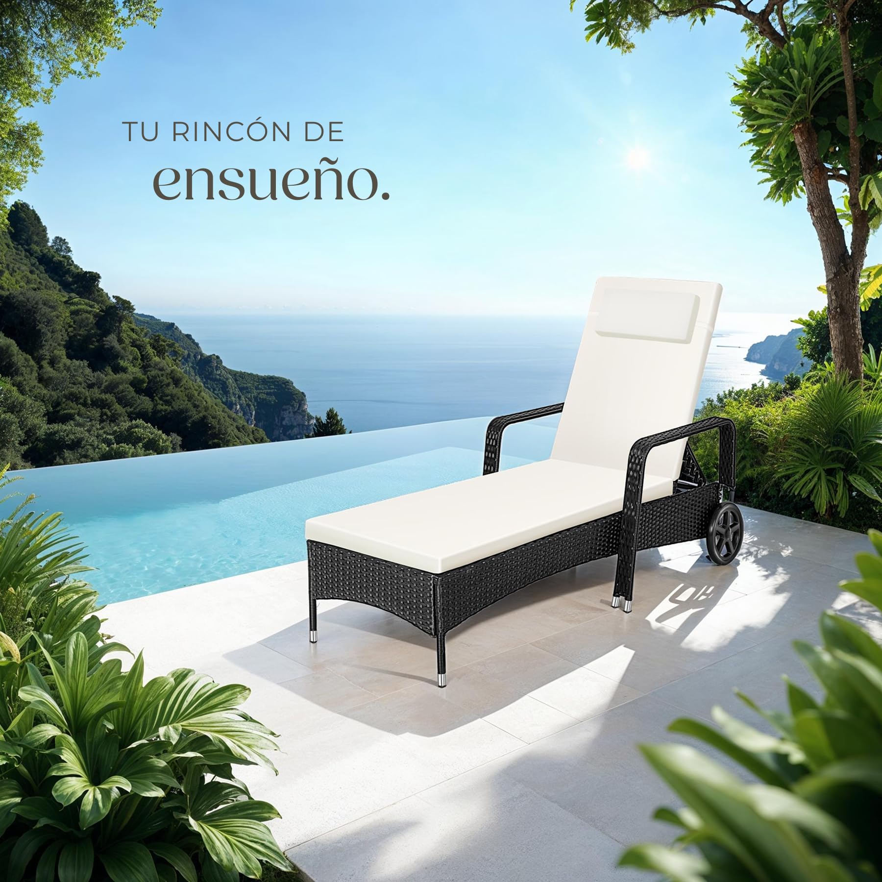 tectake®, Tumbona Chaise Longue, Ajustable de Poliratán con Ruedas, Mueble Exterior Sofa Acolchado para Jardín y Terraza, 6 Posiciones, Fácil de Limpiar, Moderno, Hamaca de Jardín - Negro/Beige