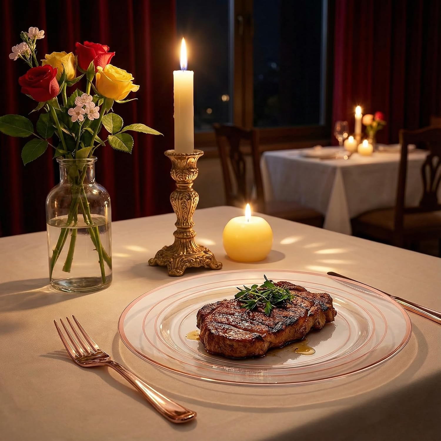 GATHER 350PCS Rose Gold Plastic Plates - Disposable Rose Gold Dinnerware Includes 100 Clear Rose Golds Rimmed Plastic Plates, 150 Silverware, 50 Napkins, 50 Cups for Party, Wedding, Valentine's Day - Image 4