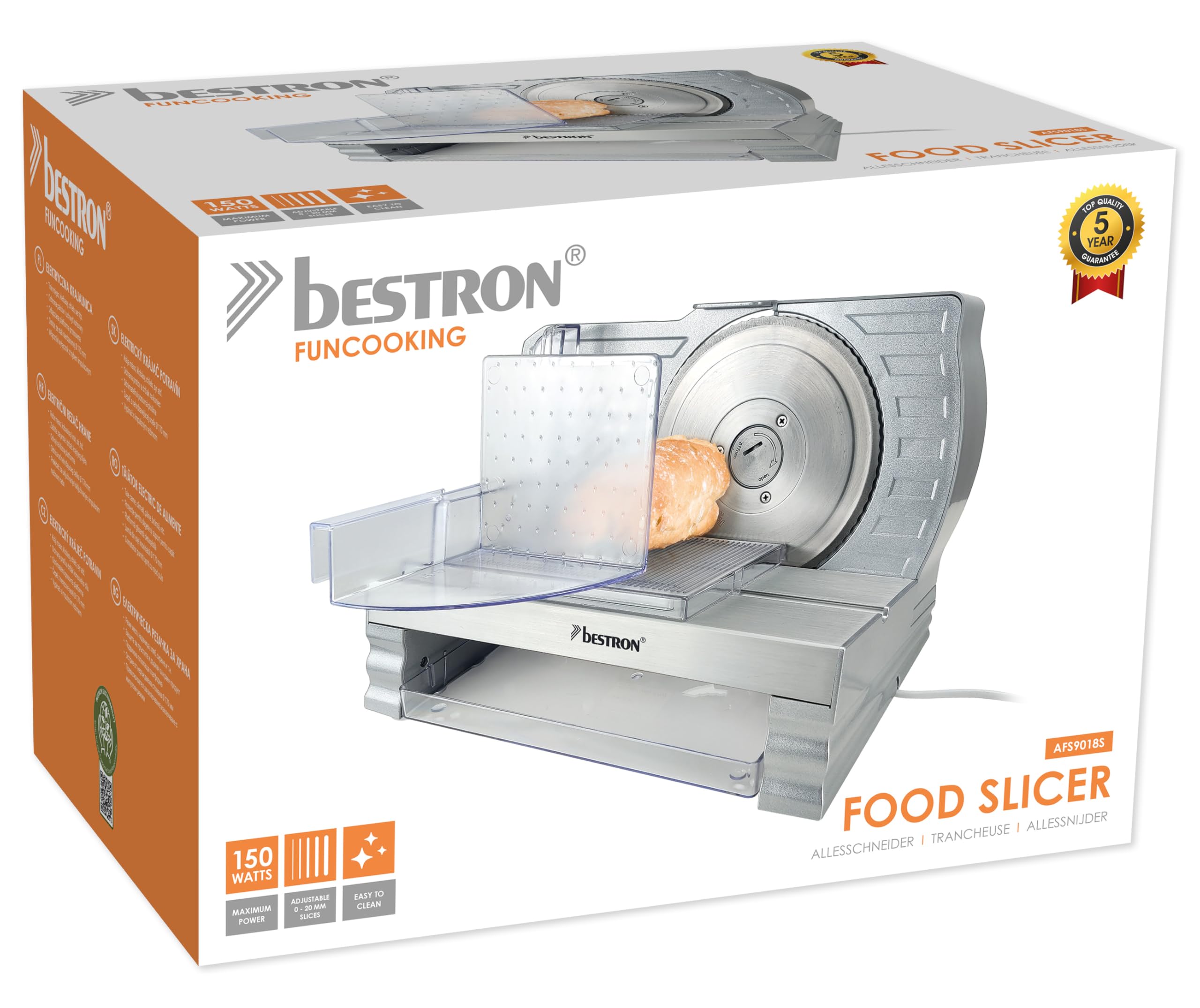 Bestron Cortador de pan con hoja de acero inoxidable RSG, fabricado en Alemania, ajuste de grosor de corte continuo de 0 a 20 mm, cortador con botón de cambio para funcionamiento automático y manual,