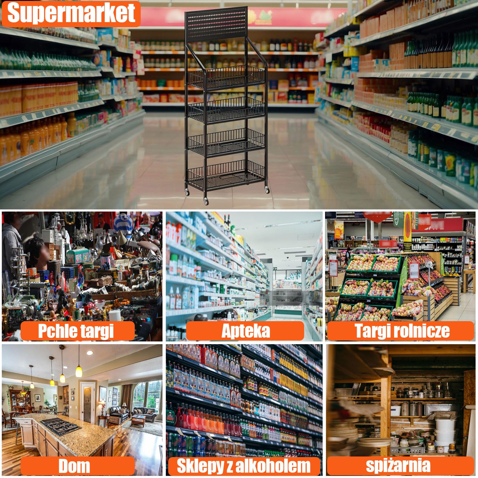 4-poziomowy stojak na przekąski do supermarketu, wolnostojący, czarny, ekspozycyjny regał sklepowy z 12 haczykami i 4 kółkami, duża metalowa półka na przekąski do sklepu