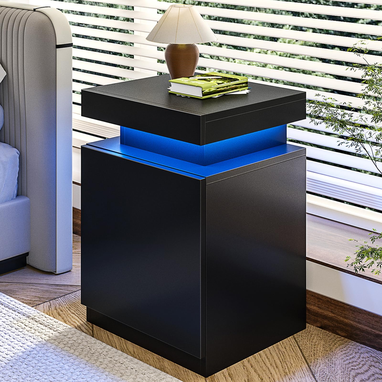 oneinmil Nightstand with Charging Station and LED Lights, Night Stand with  Sliding Top Storage, Bedside Table with Drawer, Modern End Side Table