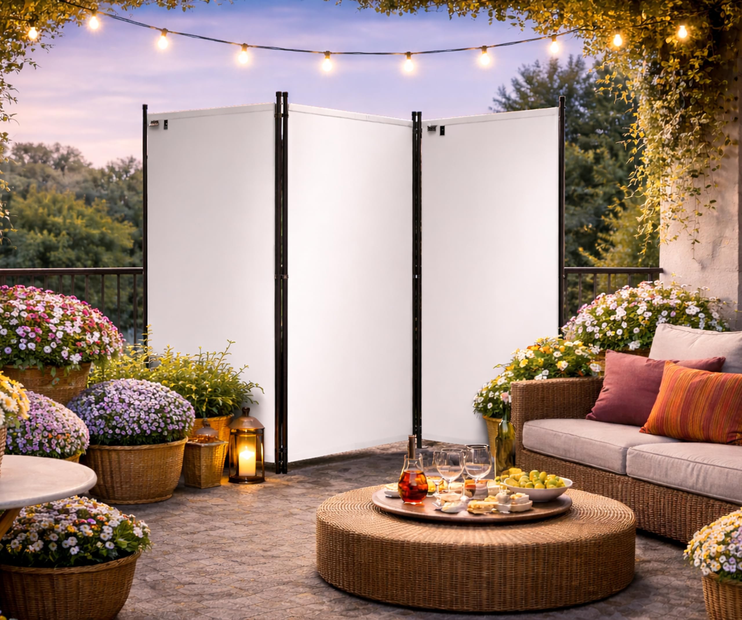 QUICK STAR Paravent 170 x 165 cm Séparateur de Tissu Jardin en 3 Parties Pliable Balcon Écran de confidentialité partition Blanc