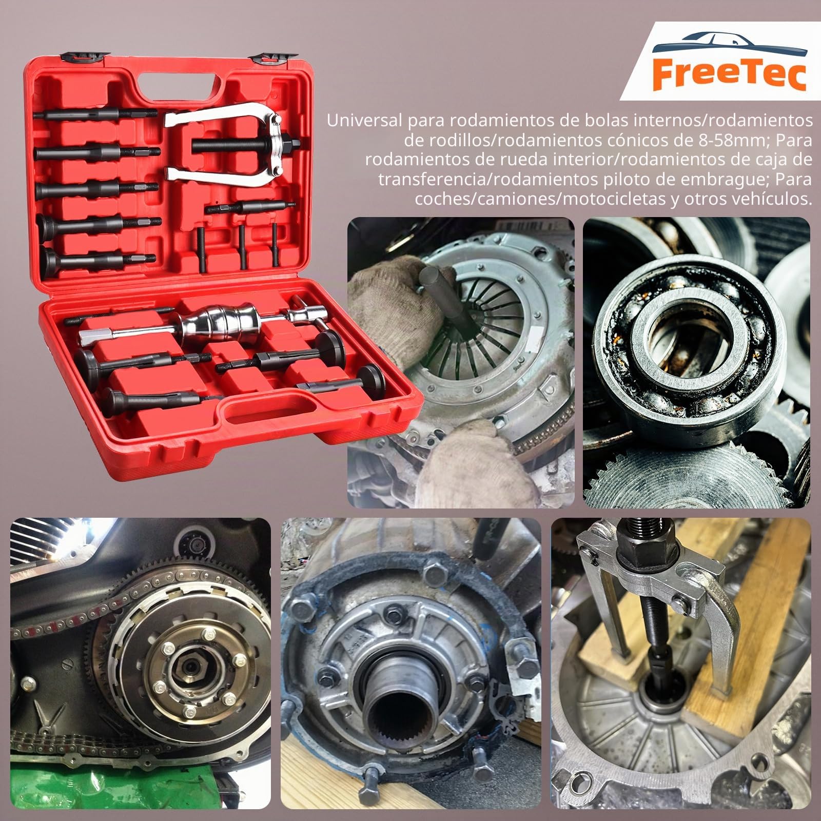 FreeTec 16 Piezas Extractor Rodamientos Internos, 8mm-58mm Extractor para Rodamientos Interior con Martillo Deslizante, Herramienta Extracción Rodamientos Internos para Coche Camión Motocicleta