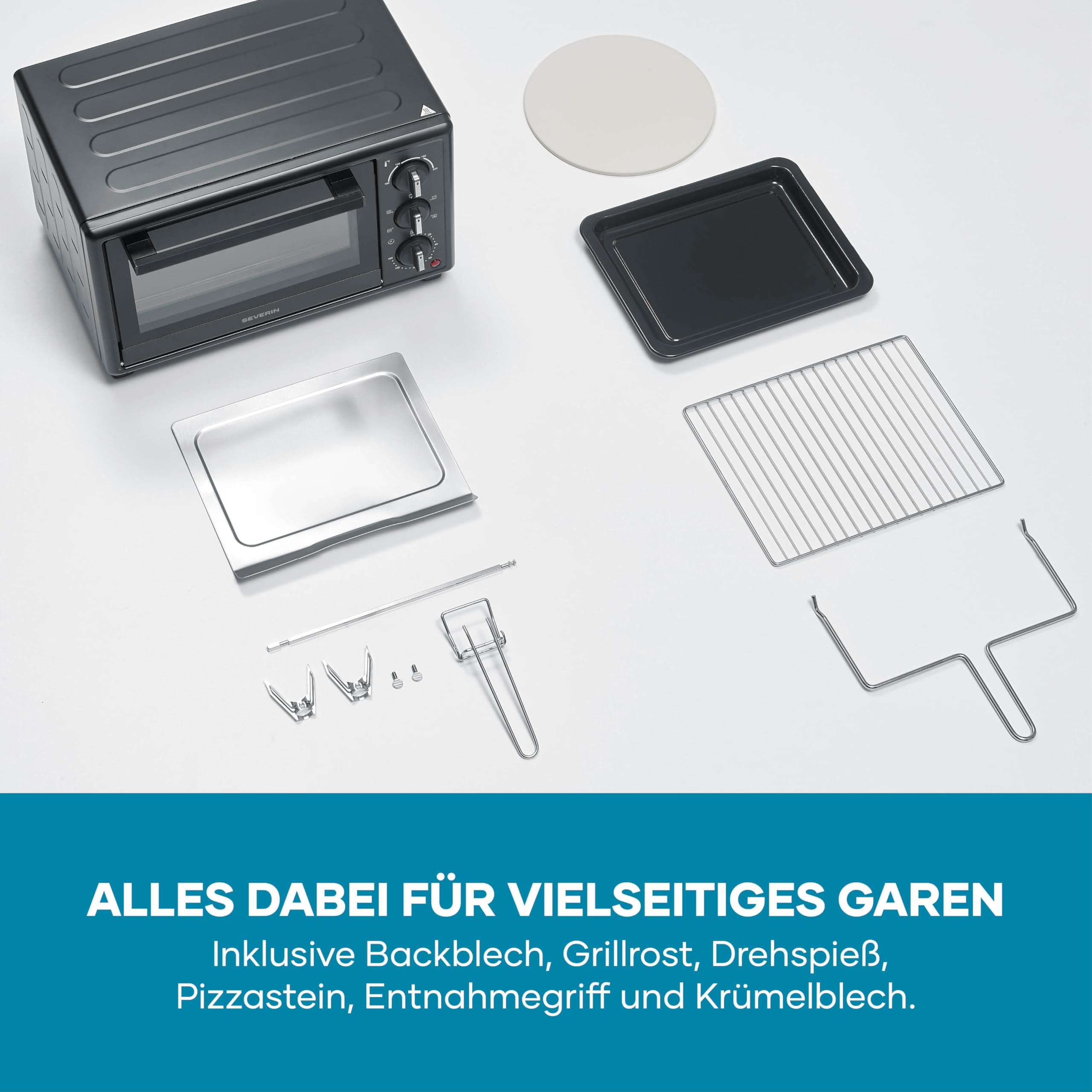 Severin Back- und Toastofen, Bake&Toast, 20L, bis 230°C, Umluft-Funktion, Ober- und Unterhitze, inkl. Pizzastein, Drehspieß, Krümelblech, Backblech, Grillrost, 120Min. Timer, 1600W, schwarz, TO 2079