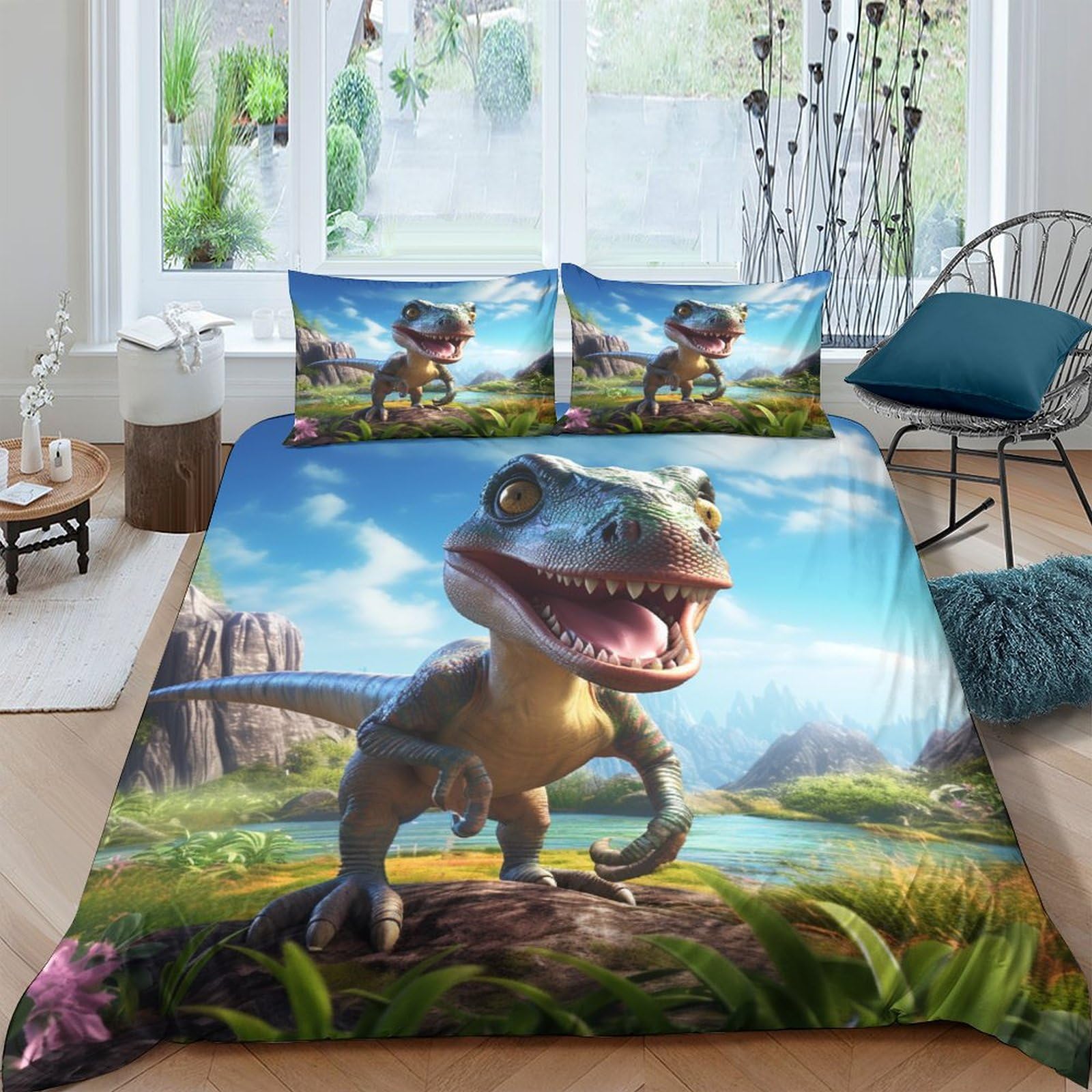Housse de couette dinosaure 3D douce anti-acariens pour lit garçon
