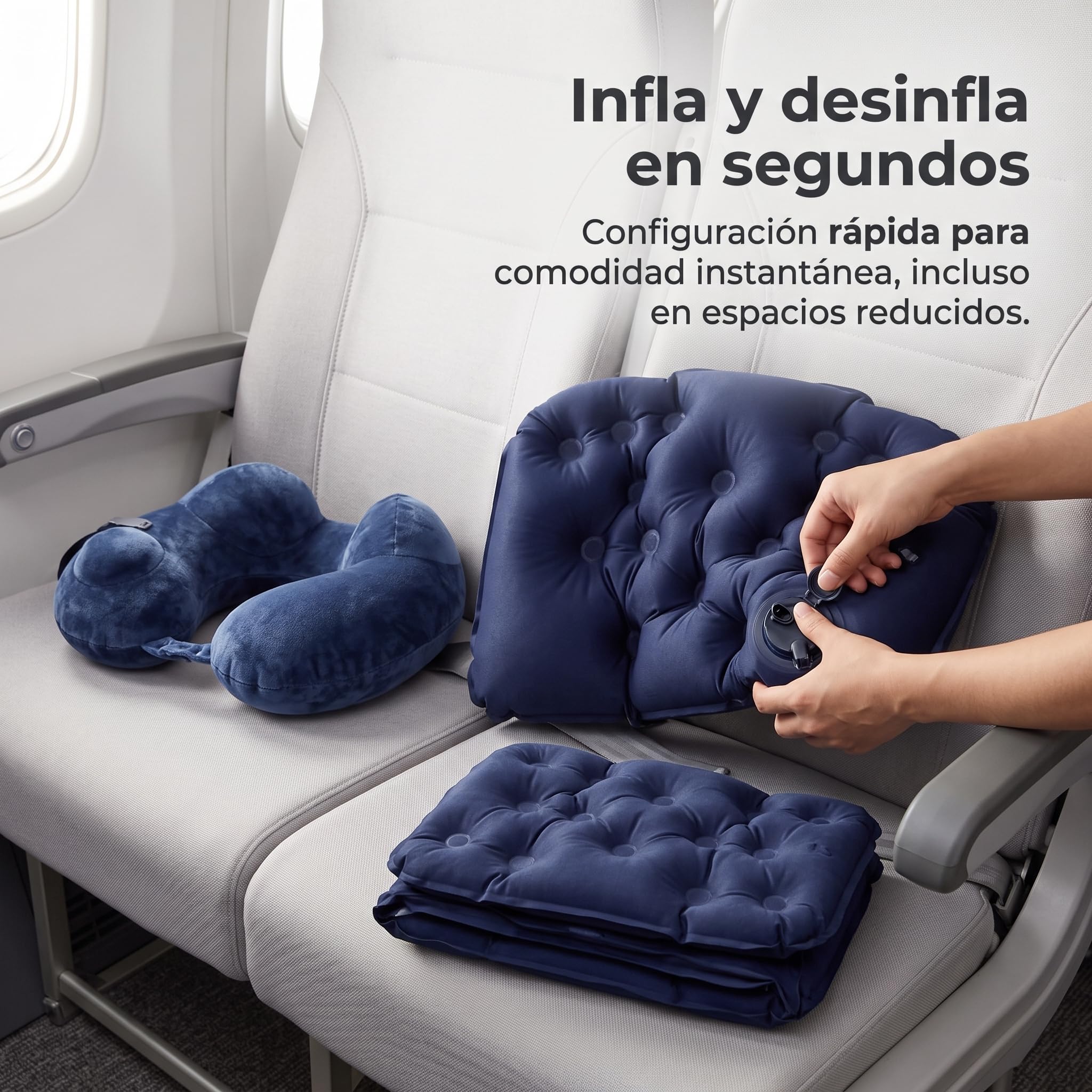 Almohada Viaje Inflable en Forma U para Cuello y, Plegable, Reposapiés Inflable de Doble presión, Tres Capas Ajustables, Azul Marino