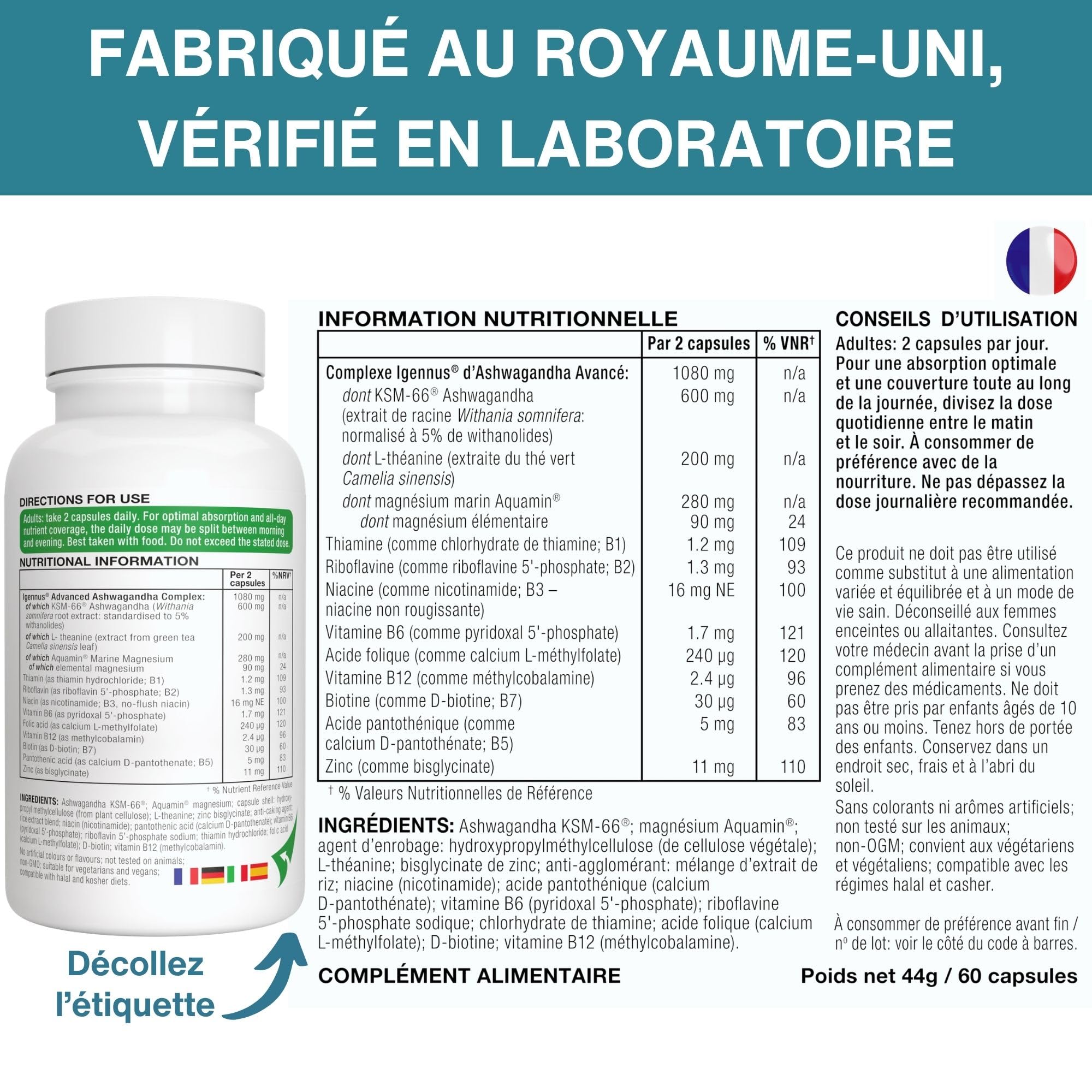 Igennus Ashwagandha KSM-66 Complexe avec L-Théanine & Magnésium Pur Extrait de Racine 600mg, Anti-Stress, Anxiété, Réduction Cortisol et Fatigue – 60 Capsules Végan à Action Rapide, 30 jours